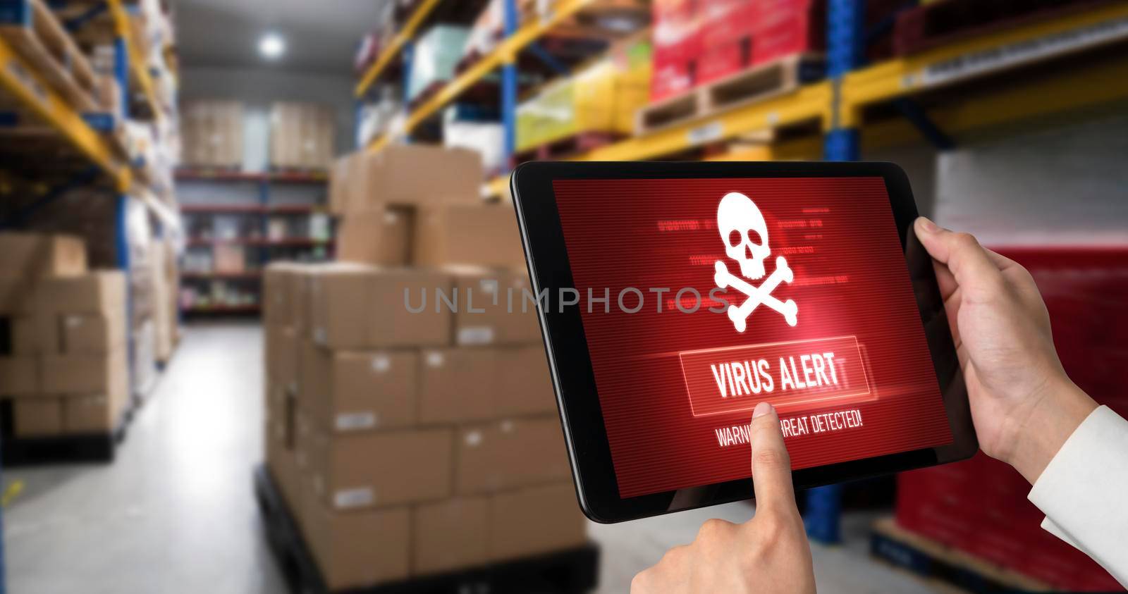 Virus warning alert on computer screen detected modish cyber threat , hacker, computer virus and malware