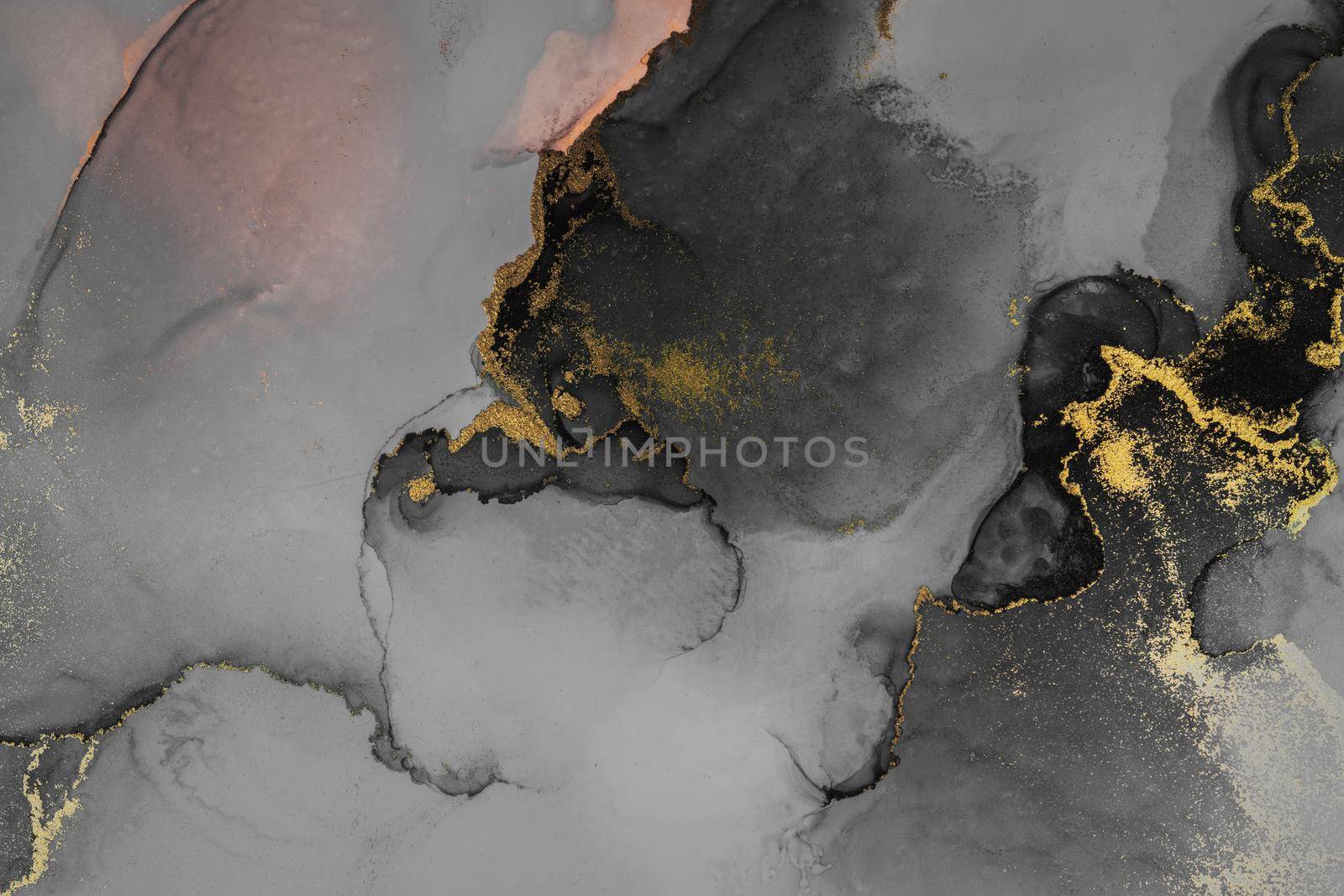 Dark gold abstract background of marble liquid ink art painting on paper . by biancoblue