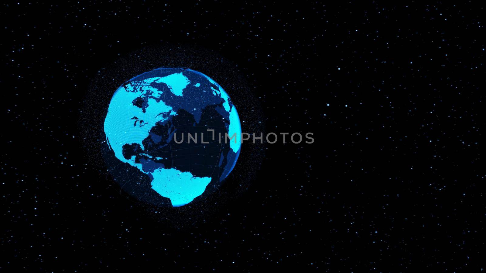 3D Digital orbital earth in cyberspace showing concept of network technology . Hologram of globe sphere graphic connect to internet presents global communication and connection network . 3D render .