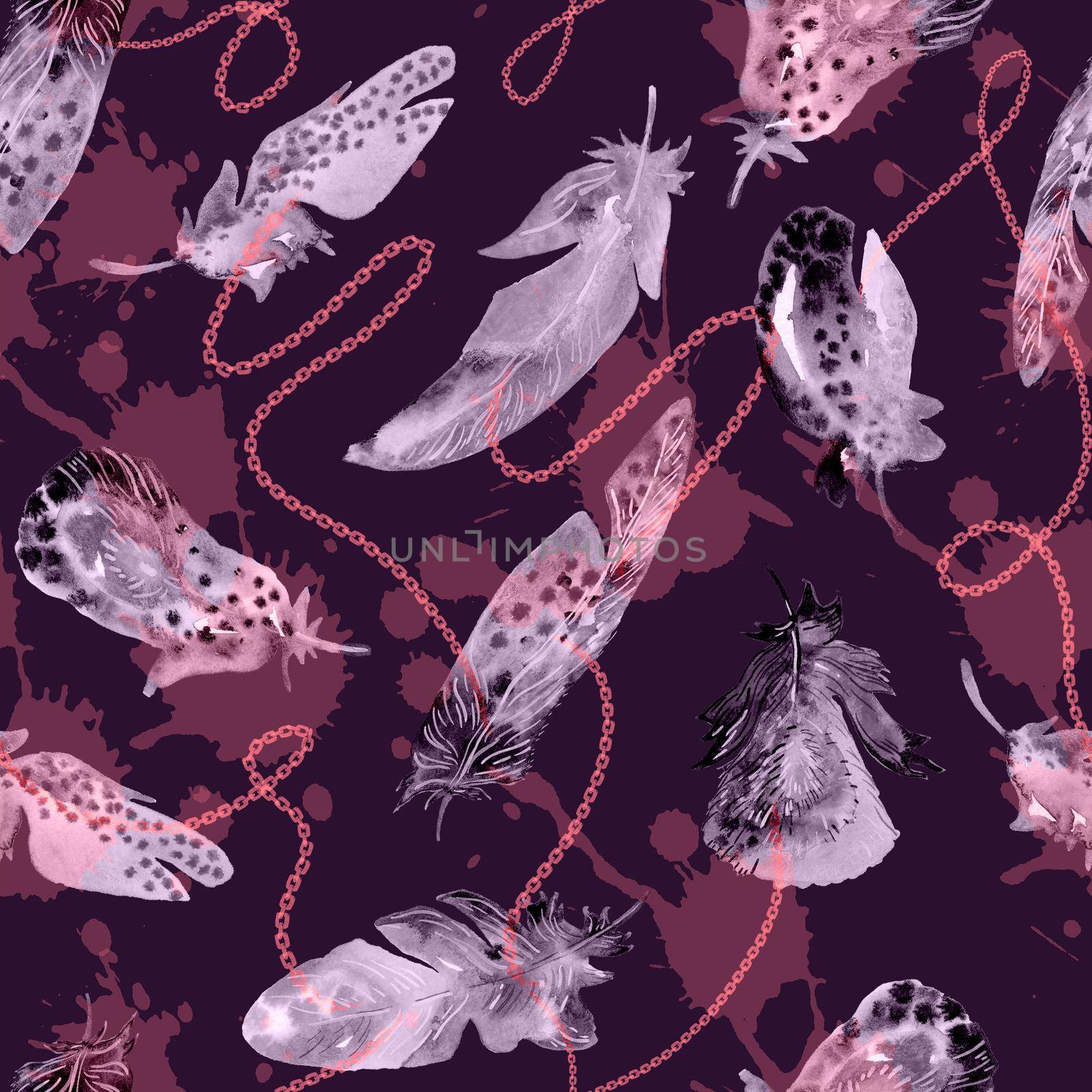 Watercolor birds feathers pattern. Seamless texture with hand drawn feathers on burgundy background by fireFLYart