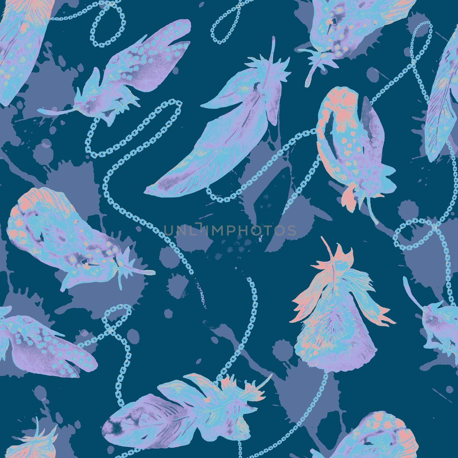 Watercolor birds feathers pattern. Seamless texture with hand drawn feathers on blue background by fireFLYart