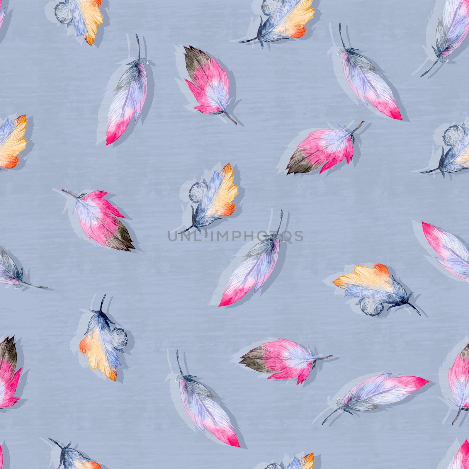 Watercolor birds feathers pattern. Seamless pattern on blue background by fireFLYart