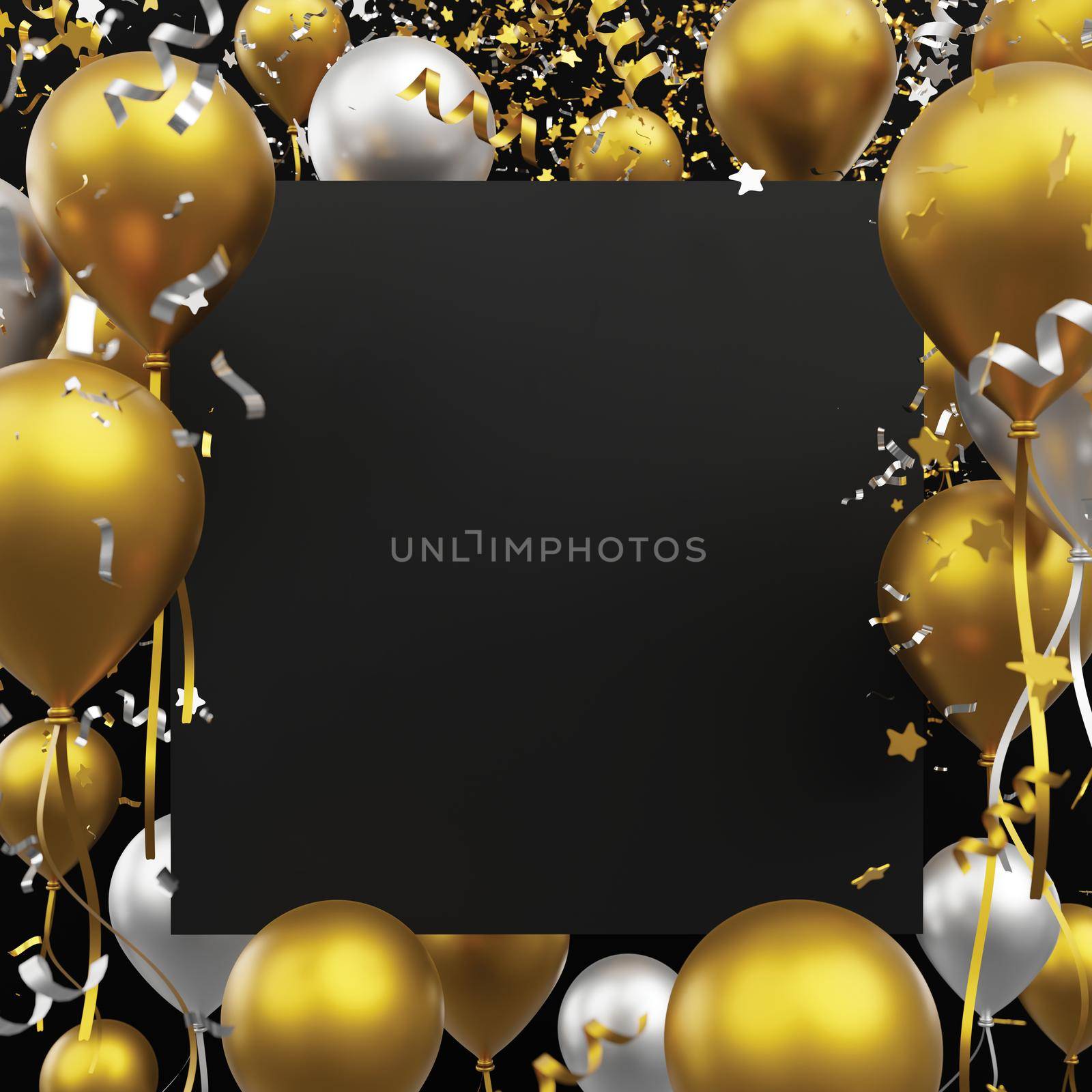 Black friday sale concept design of blank black paper and luxury balloons with foil confetti falling 3d render by Myimagine