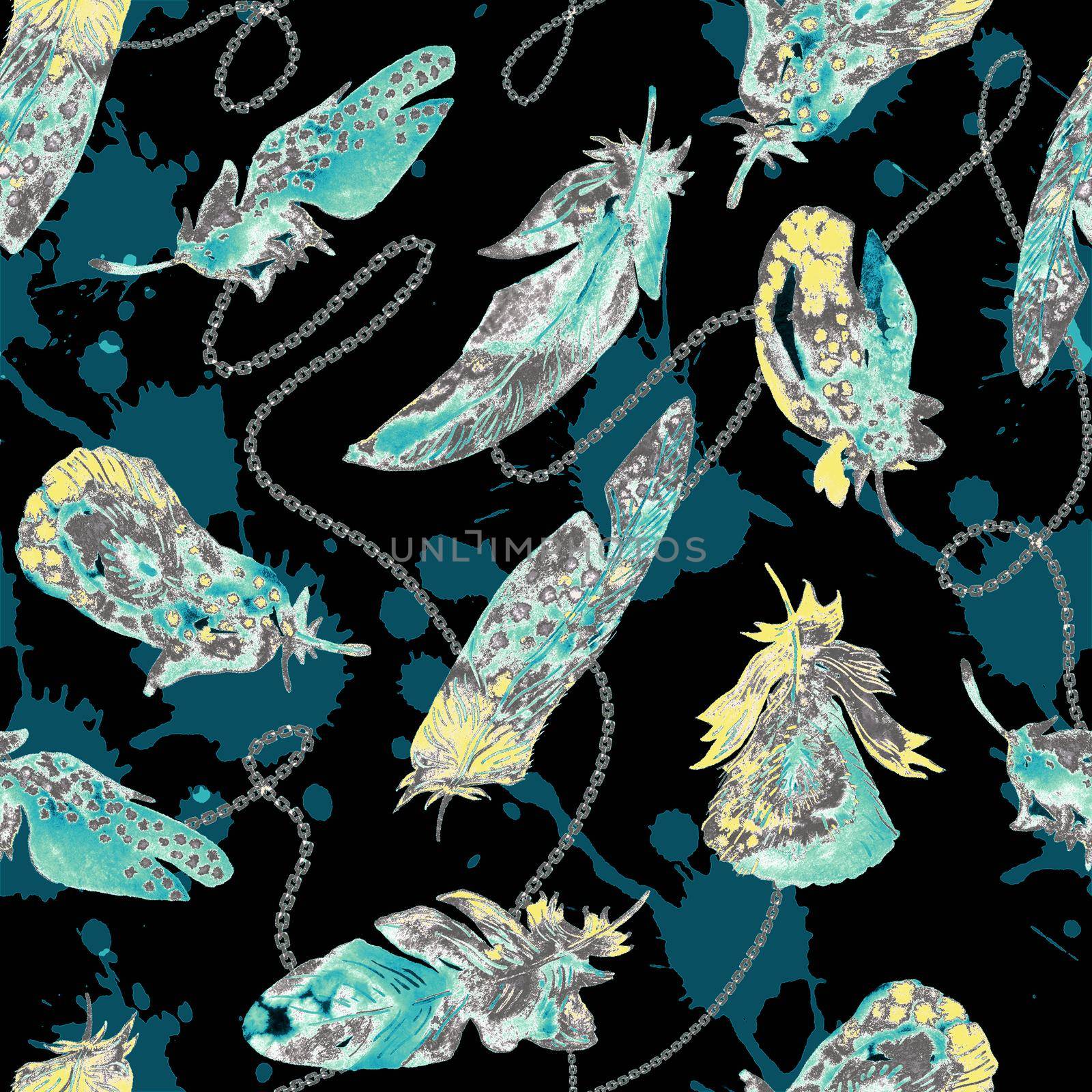 Watercolor birds feathers pattern. Seamless texture with hand drawn feathers on black background by fireFLYart