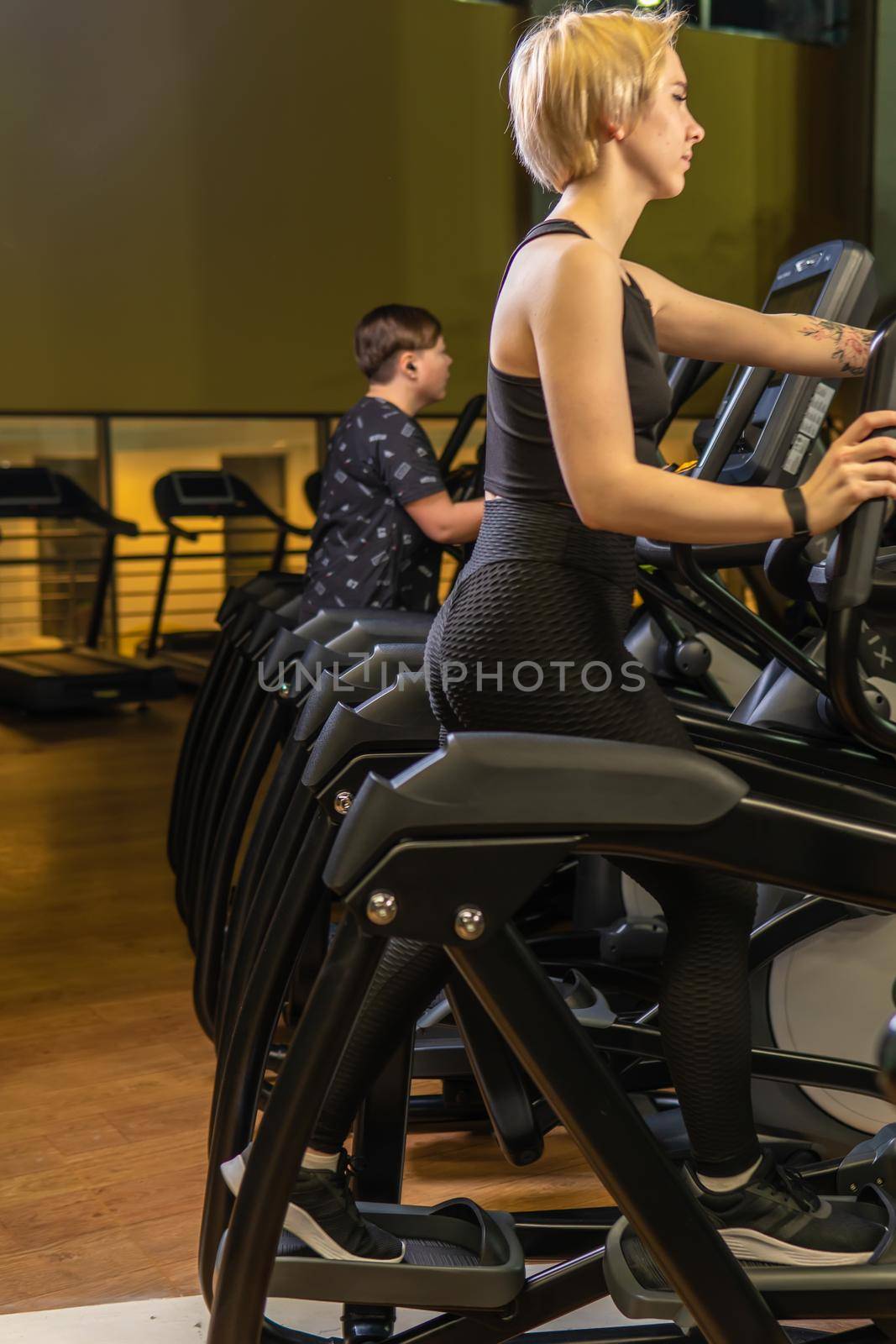 Elliptical trainer young woman person, In the afternoon fitness gym in activity recreation learning, room elliptical. Cardio cycle background, trainer by 89167702191