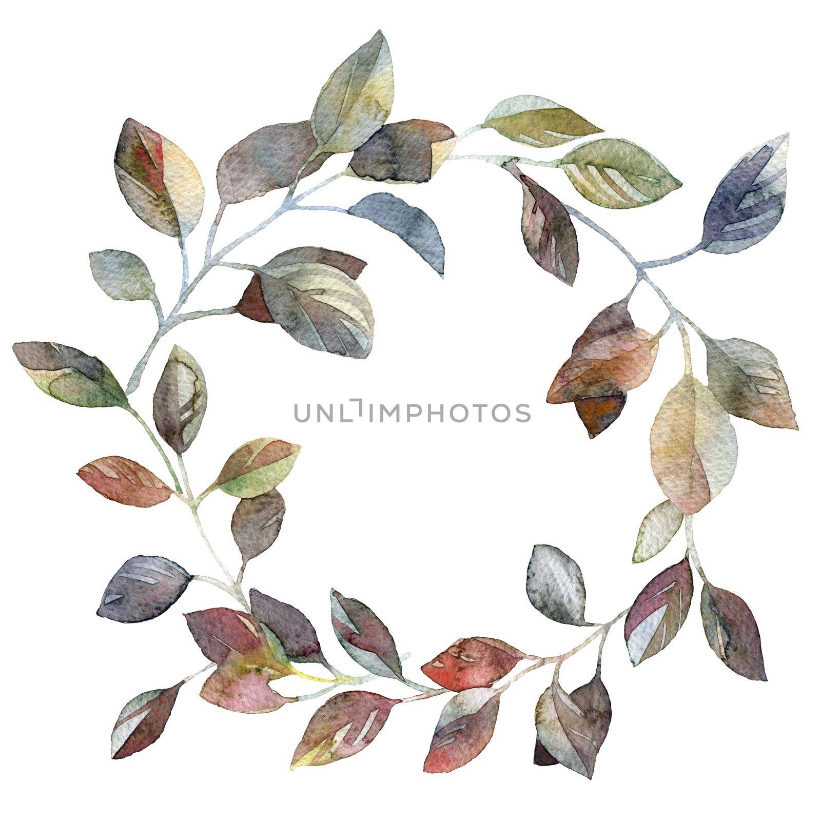 Watercolor illustration of leaves wreath - decorative round frame for design, artistic painting