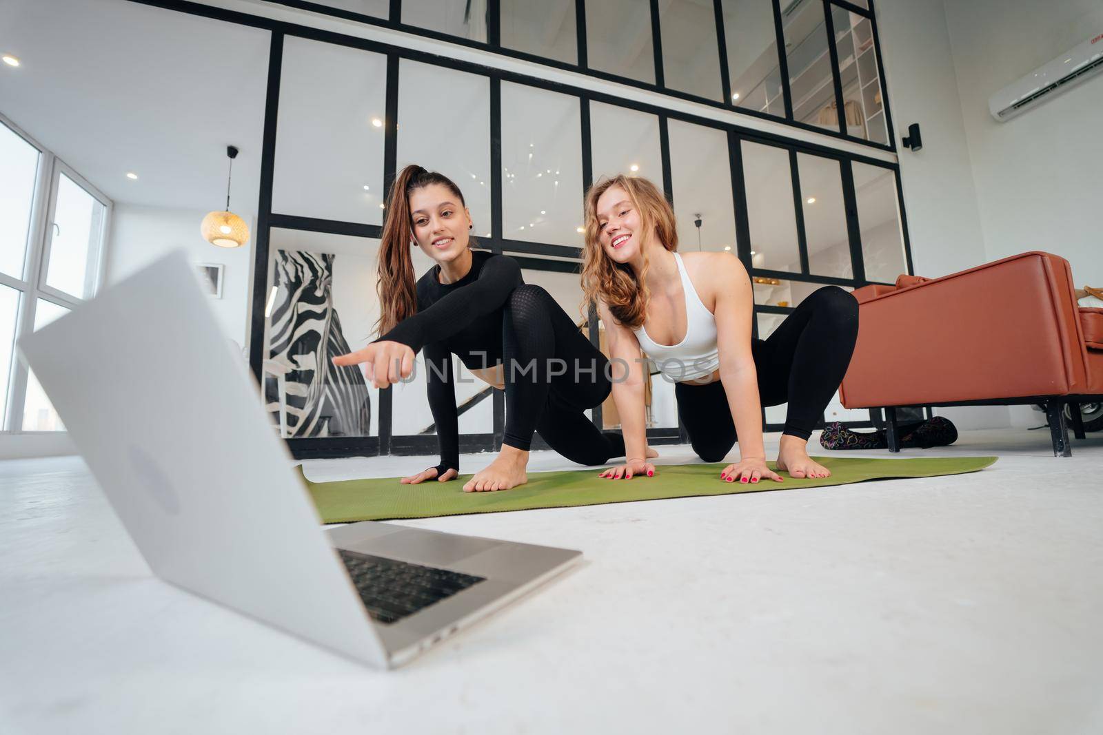 Two charming sports women, do yoga poses, exercises at home by teksomolika