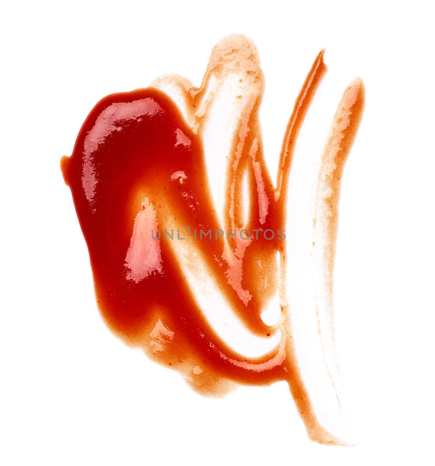 close up of a ketchup stain on white background