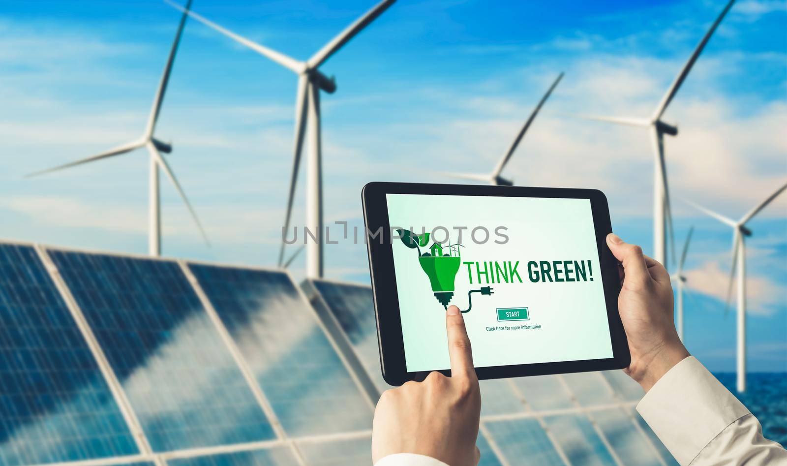 Green business transformation for environment saving and ESG business concept. Businessman using tablet to set corporate goal toward environmental friendly management and alternative clean energy use.