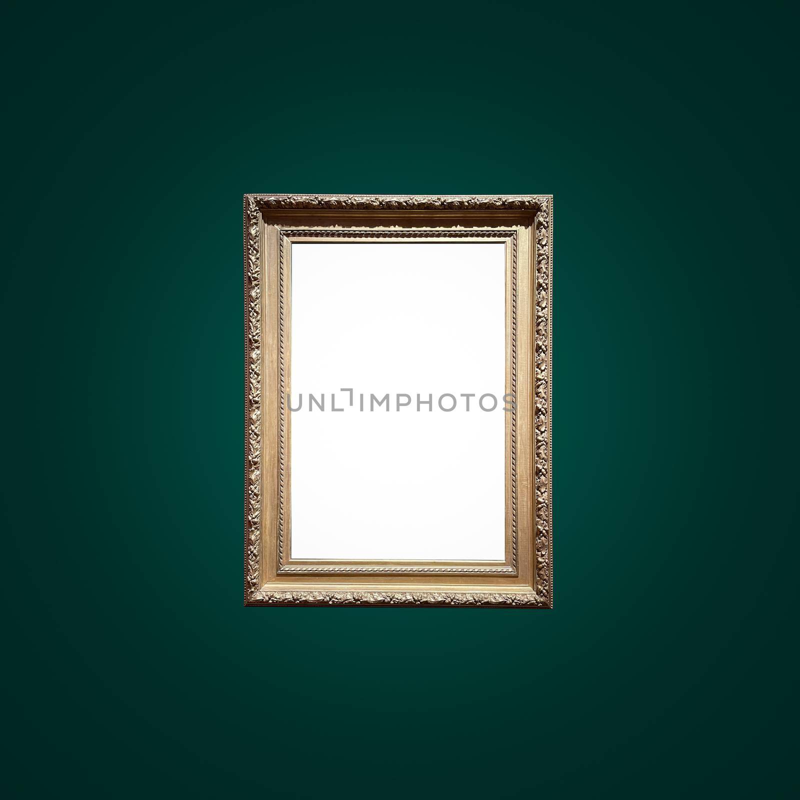 Antique art fair gallery frame on royal green wall at auction house or museum exhibition, blank template with empty white copyspace for mockup design, artwork by Anneleven