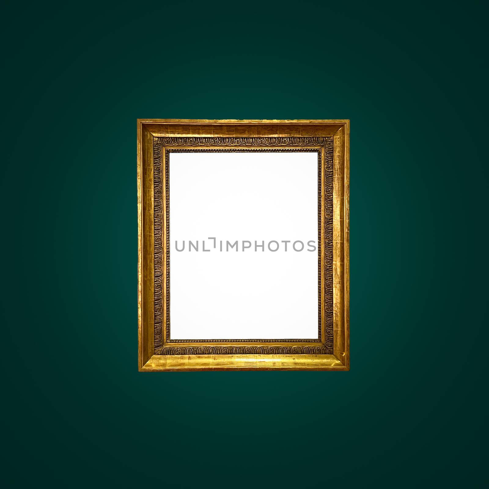 Antique art fair gallery frame on royal green wall at auction house or museum exhibition, blank template with empty white copyspace for mockup design, artwork concept