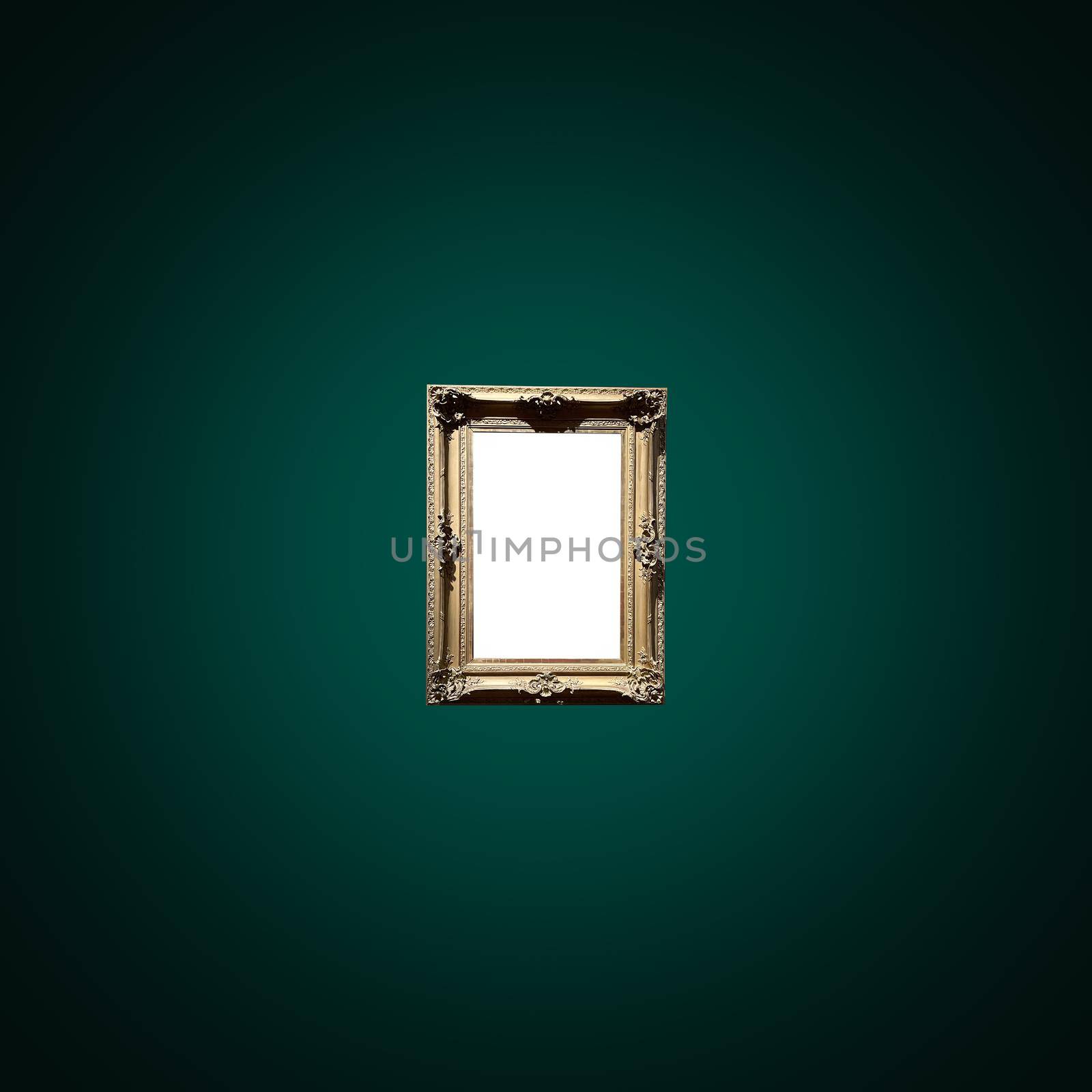 Antique art fair gallery frame on royal green wall at auction house or museum exhibition, blank template with empty white copyspace for mockup design, artwork concept