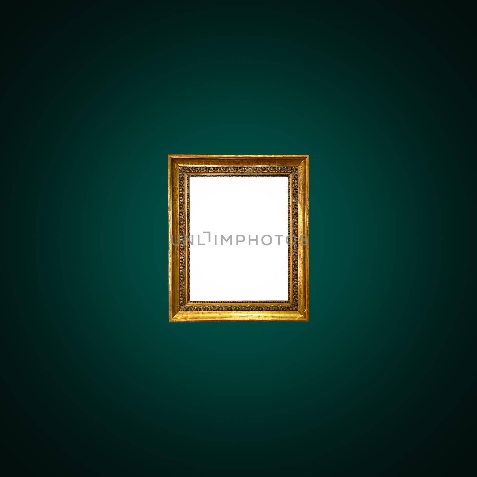 Antique art fair gallery frame on royal green wall at auction house or museum exhibition, blank template with empty white copyspace for mockup design, artwork concept