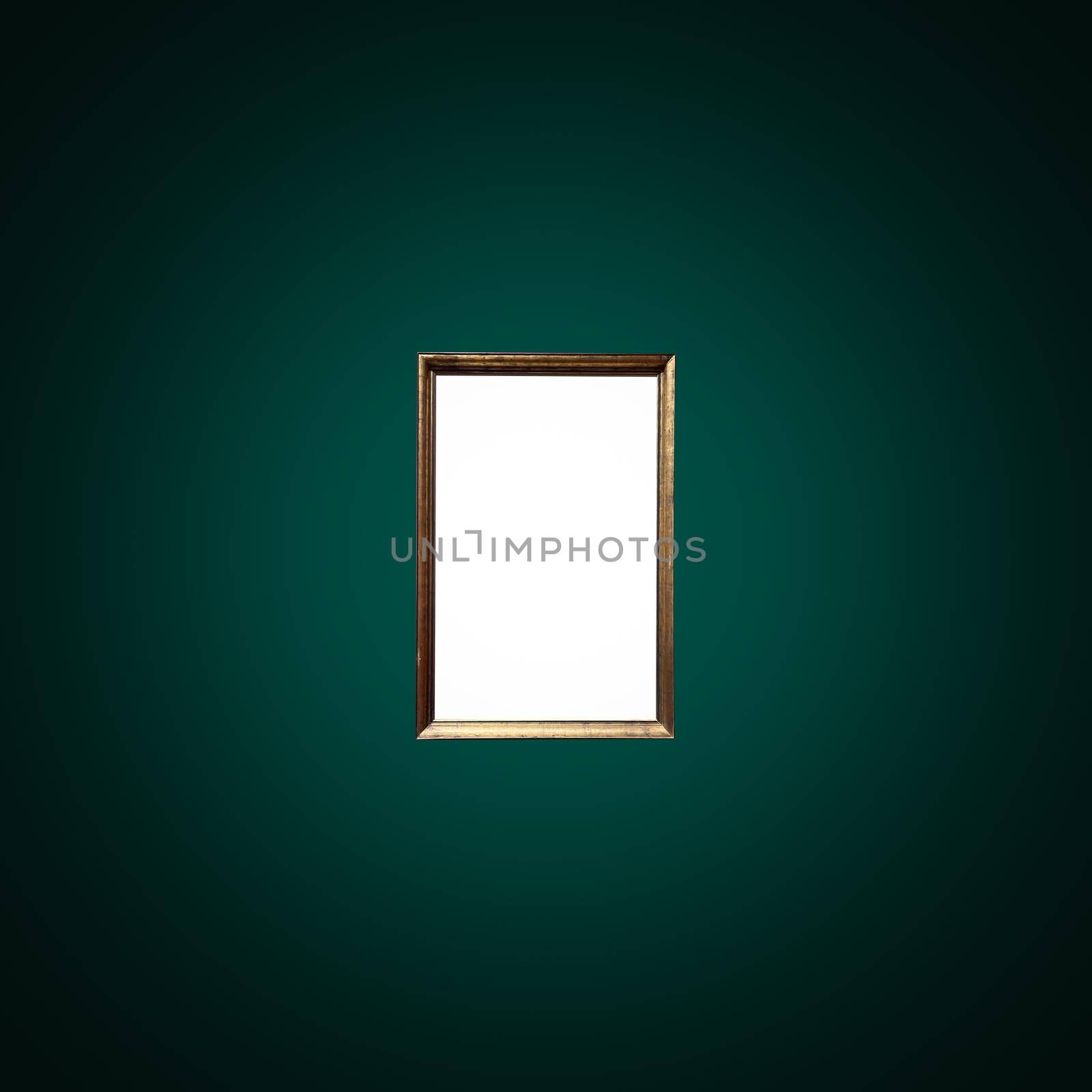 Antique art fair gallery frame on royal green wall at auction house or museum exhibition, blank template with empty white copyspace for mockup design, artwork concept