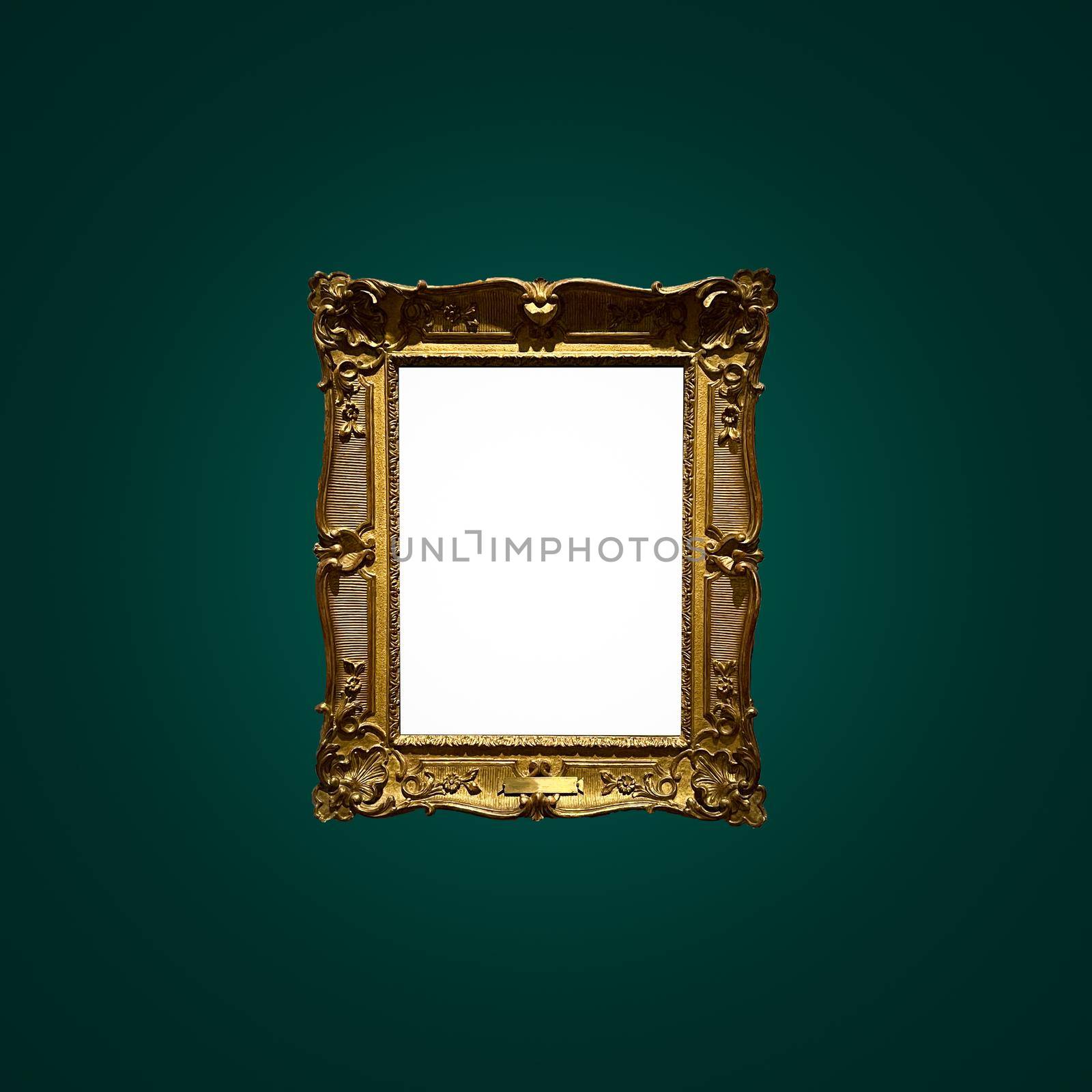 Antique art fair gallery frame on royal green wall at auction house or museum exhibition, blank template with empty white copyspace for mockup design, artwork concept