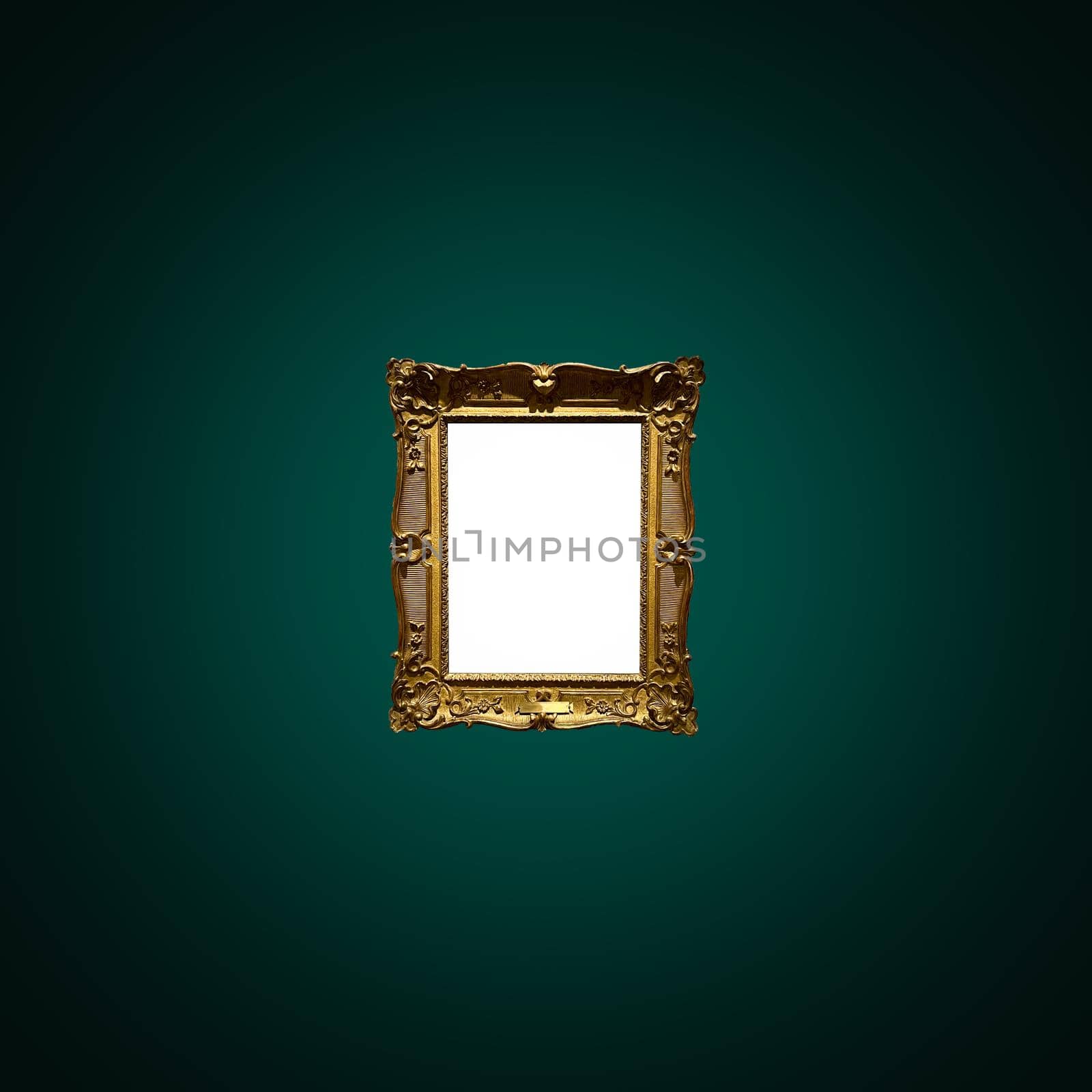 Antique art fair gallery frame on royal green wall at auction house or museum exhibition, blank template with empty white copyspace for mockup design, artwork by Anneleven
