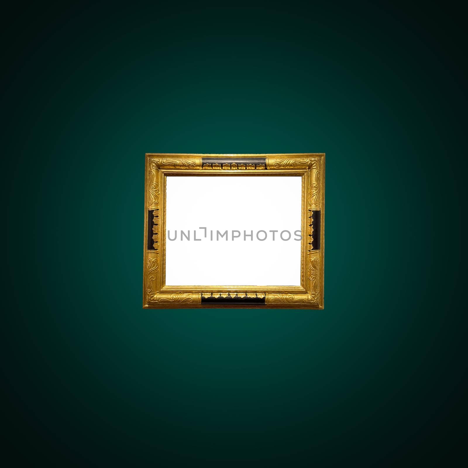 Antique art fair gallery frame on royal green wall at auction house or museum exhibition, blank template with empty white copyspace for mockup design, artwork by Anneleven