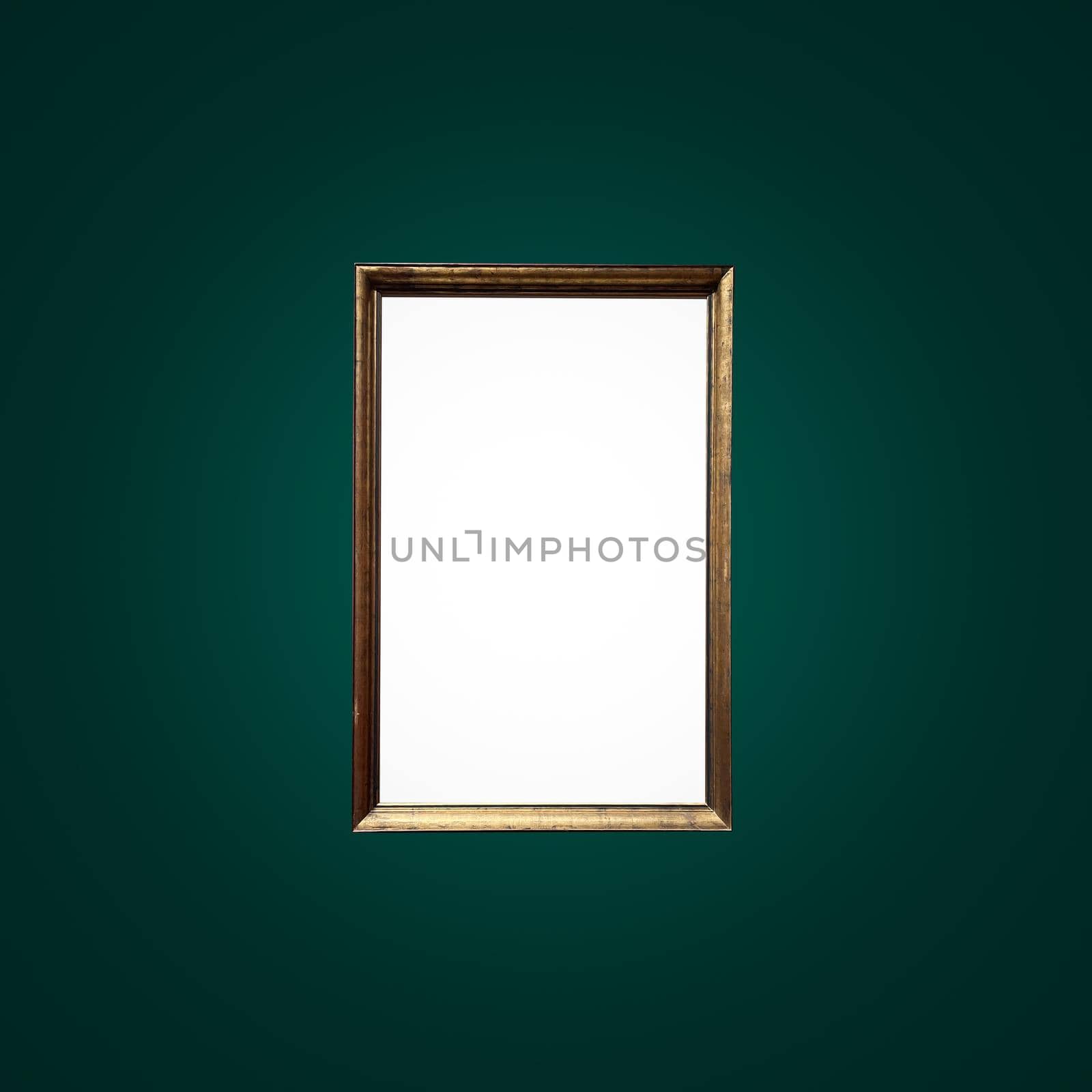 Antique art fair gallery frame on royal green wall at auction house or museum exhibition, blank template with empty white copyspace for mockup design, artwork concept