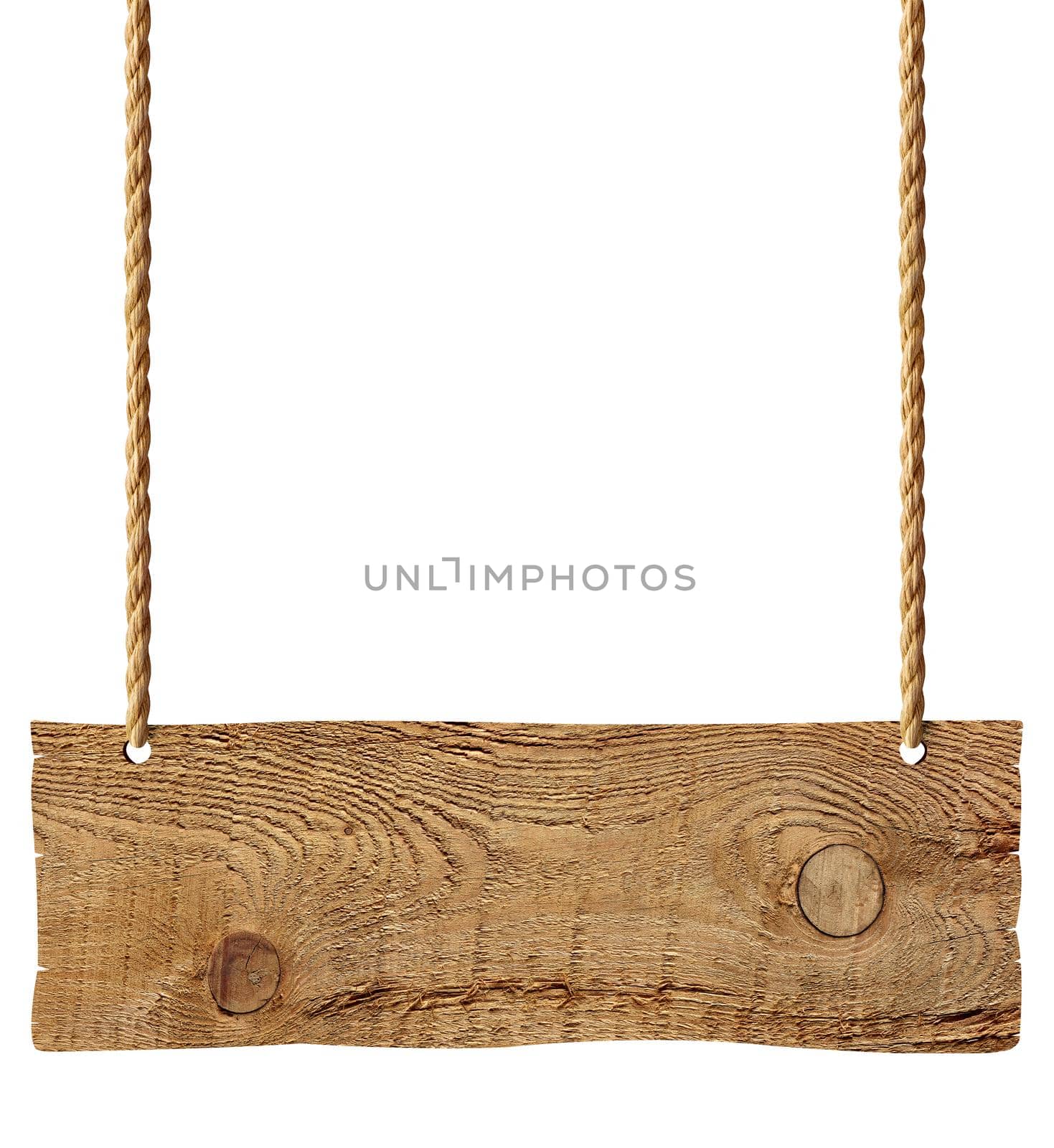 wooden blank sign hanging with chain and rope on white background