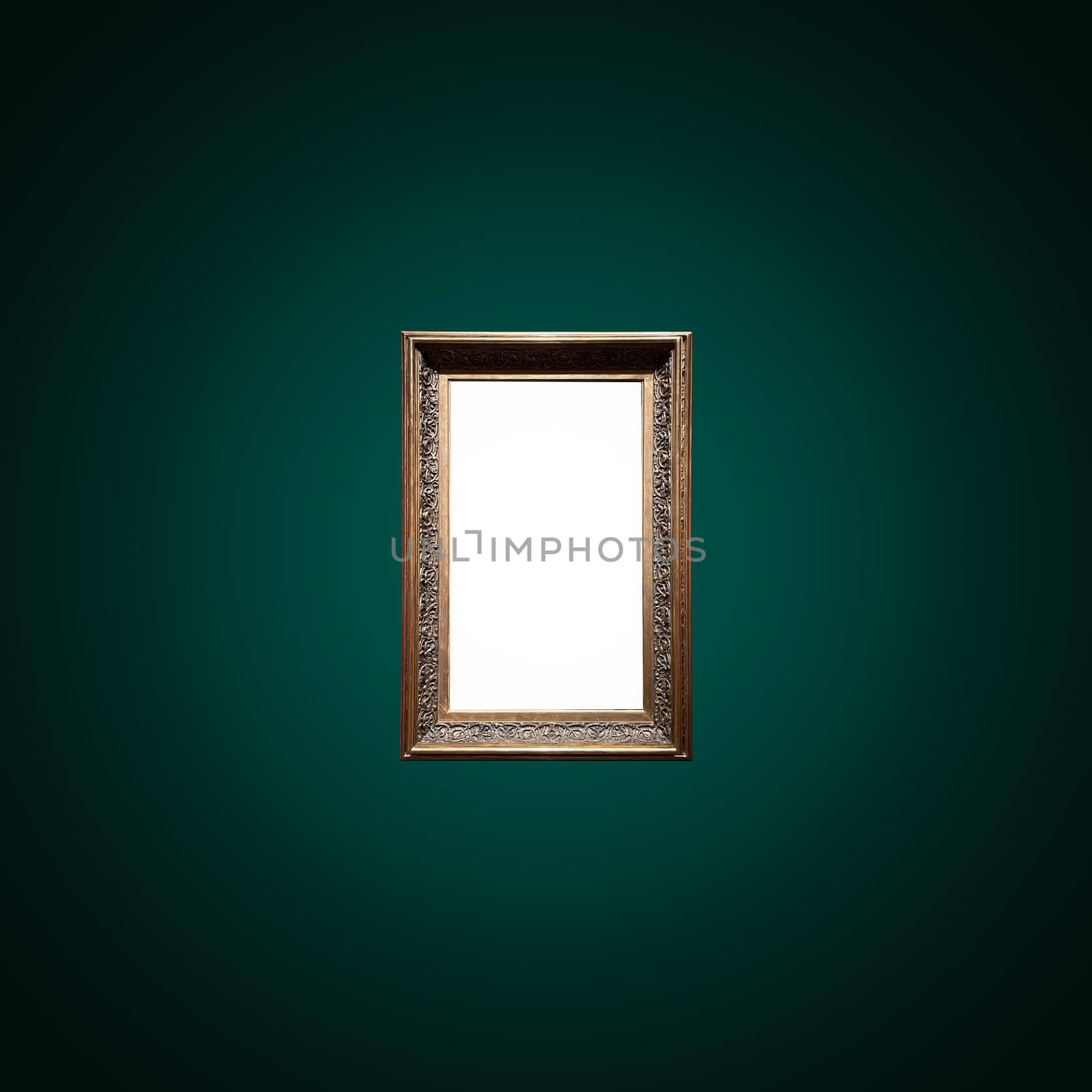 Antique art fair gallery frame on royal green wall at auction house or museum exhibition, blank template with empty white copyspace for mockup design, artwork by Anneleven