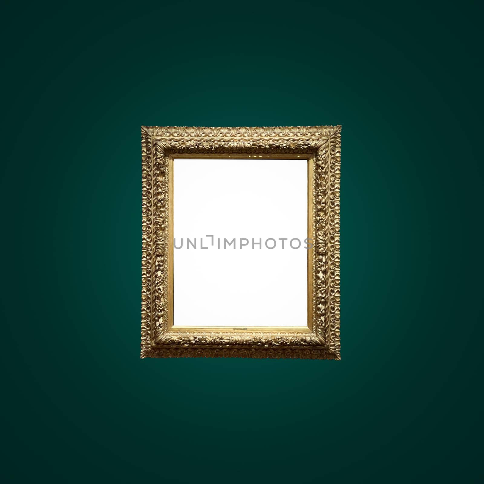 Antique art fair gallery frame on royal green wall at auction house or museum exhibition, blank template with empty white copyspace for mockup design, artwork by Anneleven