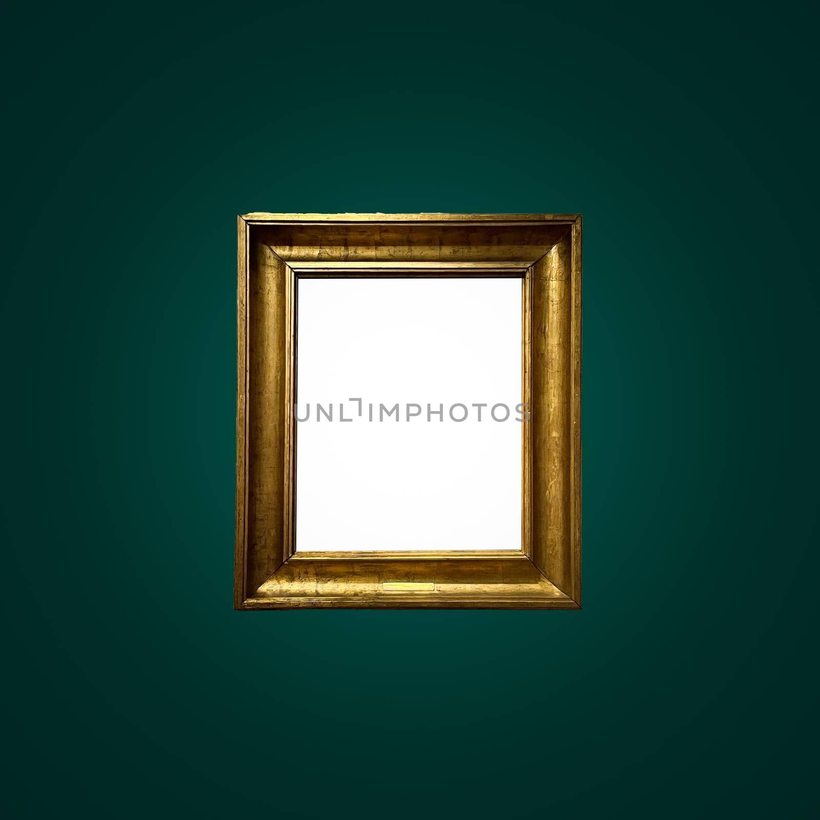 Antique art fair gallery frame on royal green wall at auction house or museum exhibition, blank template with empty white copyspace for mockup design, artwork concept