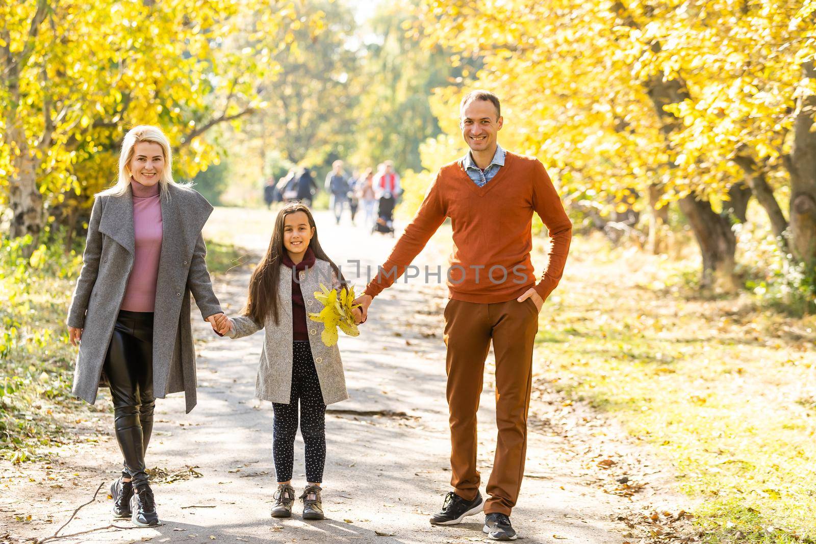 Picture of lovely family in autumn park, young parents with nice adorable kid playing outdoors, have fun on backyard in fall, happy family enjoy autumnal nature.