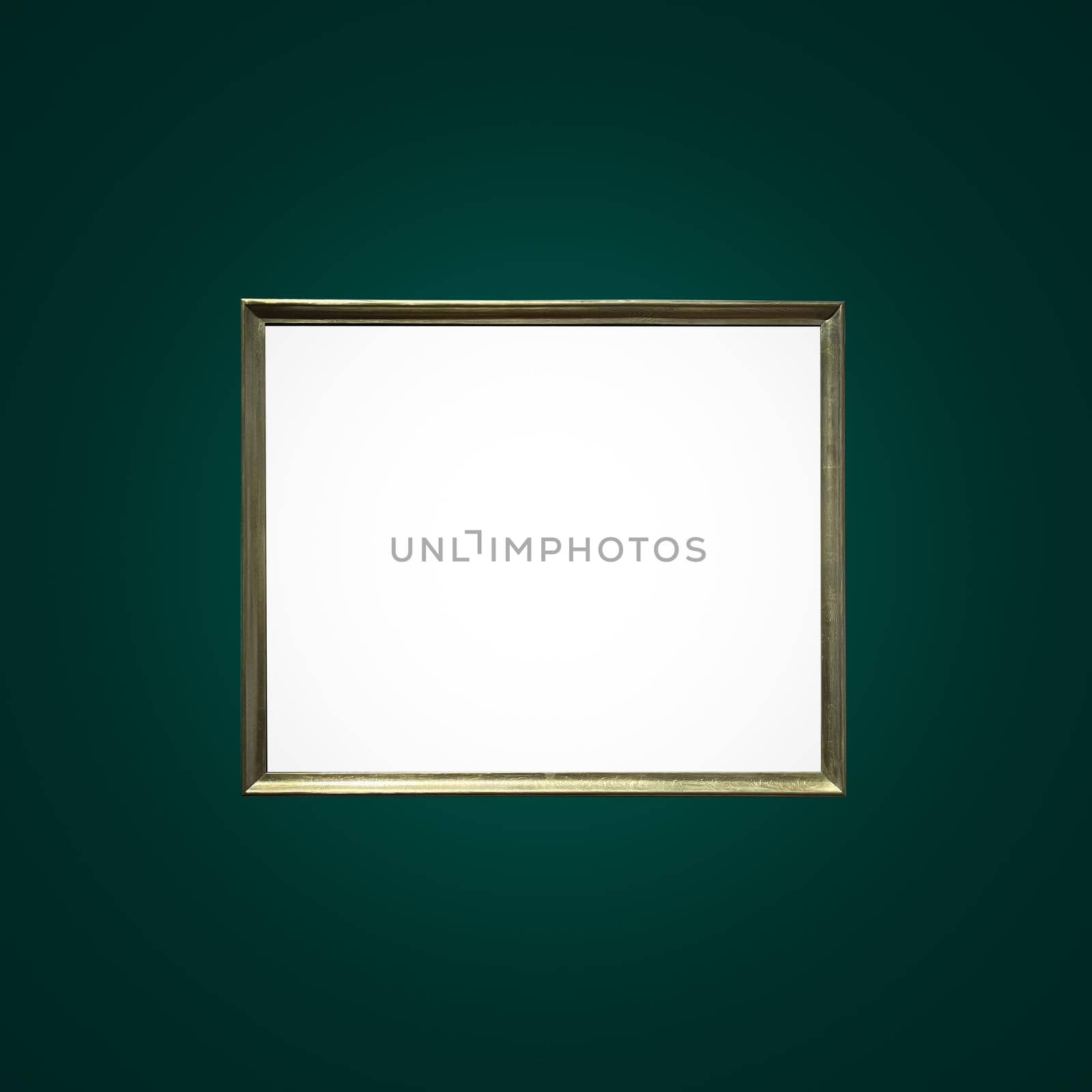 Antique art fair gallery frame on royal green wall at auction house or museum exhibition, blank template with empty white copyspace for mockup design, artwork concept