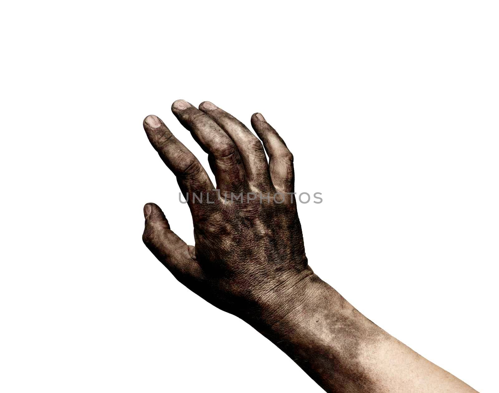 close up of a dirty worker hand help begging on white background