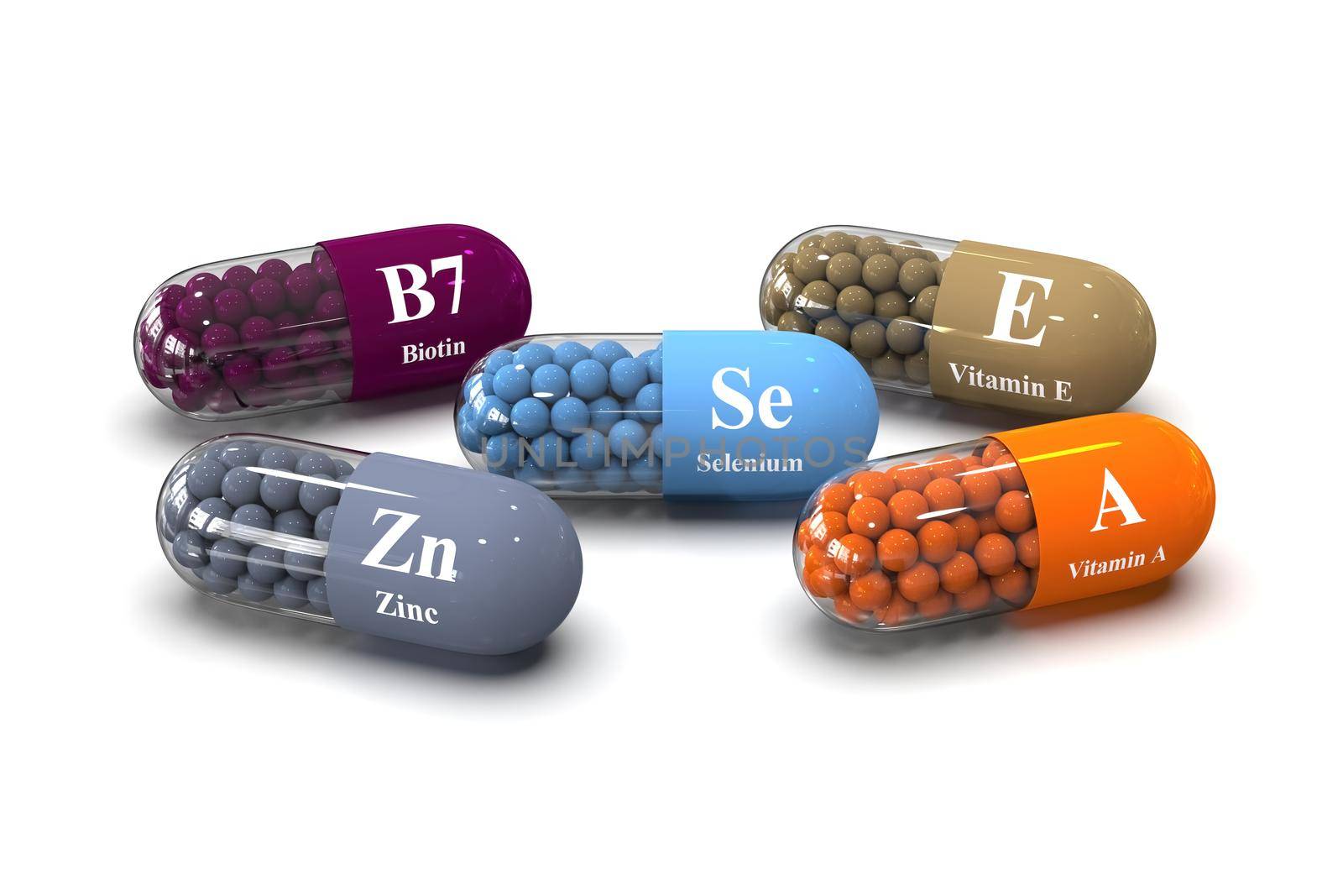 Set of capsules with vitamins b7, zinc, vitamin A, E, selenium. 3D rendering illustration by clusterx