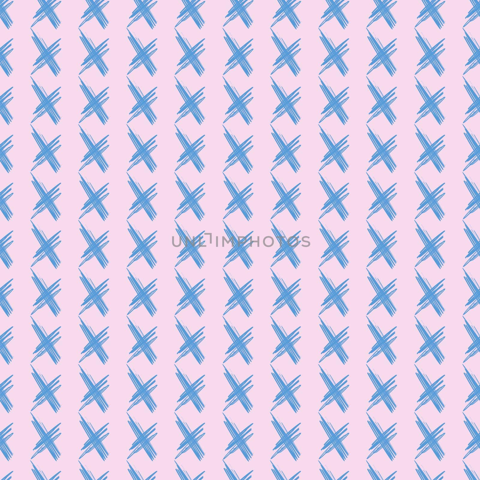 Abstract hand drawn seamless pattern with blue cross on pink background by fireFLYart