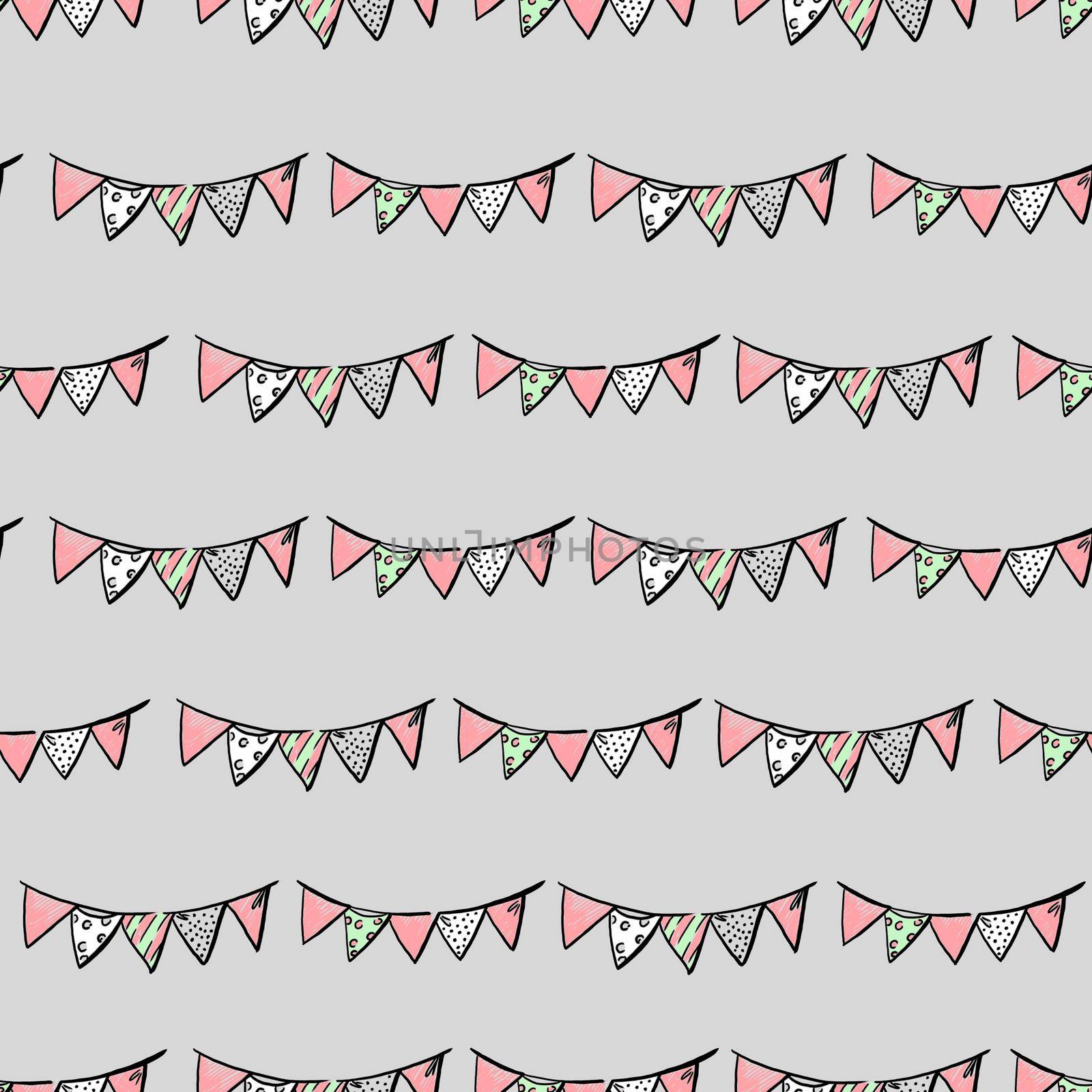 Festive garland of colored flags on gray background. Seamless pattern. by fireFLYart