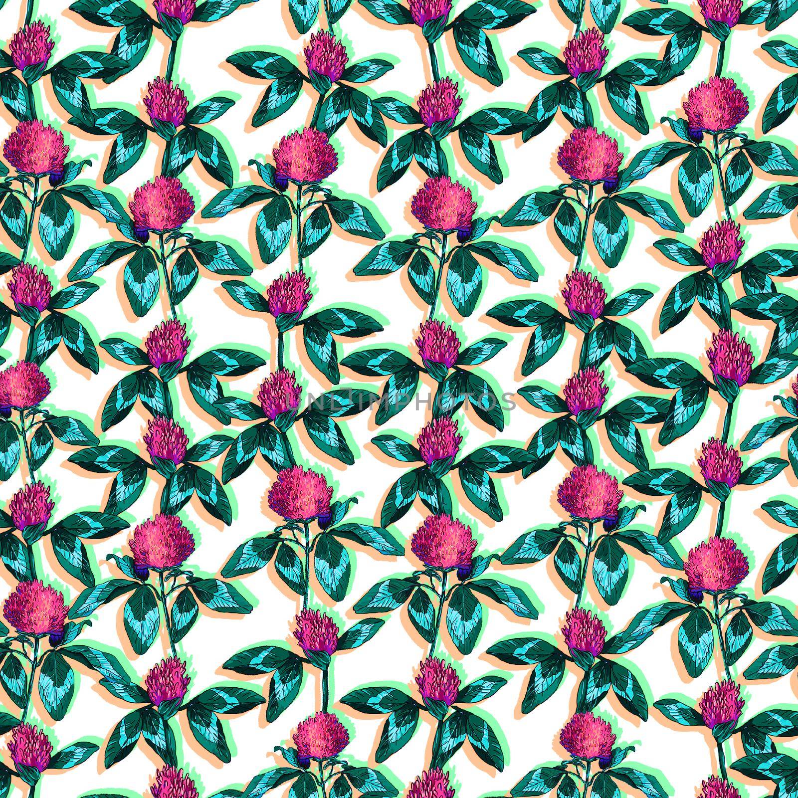 Clover leaf and flowers hand drawn seamless pattern graphic illustration.