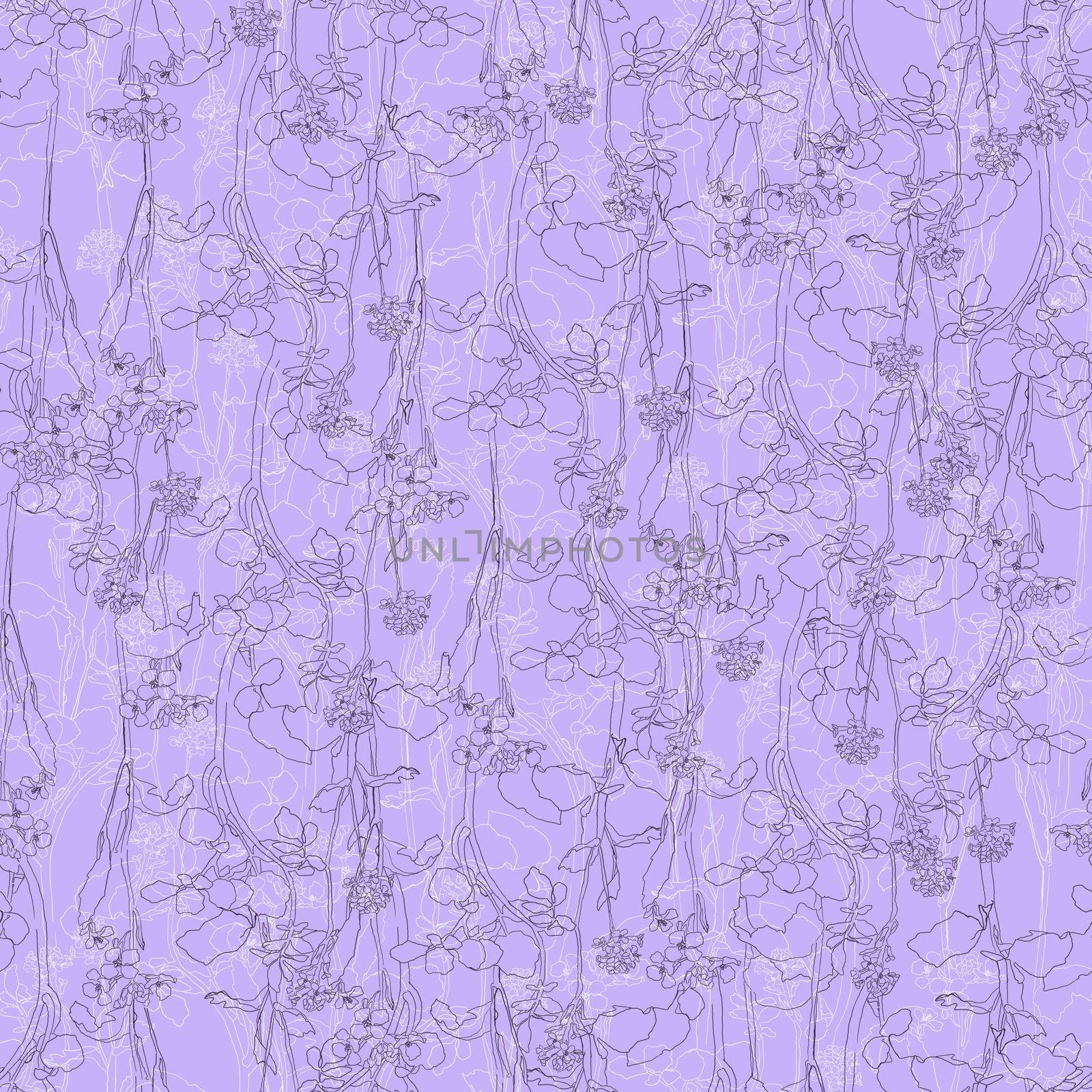 Floral hand drawn seamless pattern. Grey line flowers on voilet background by fireFLYart