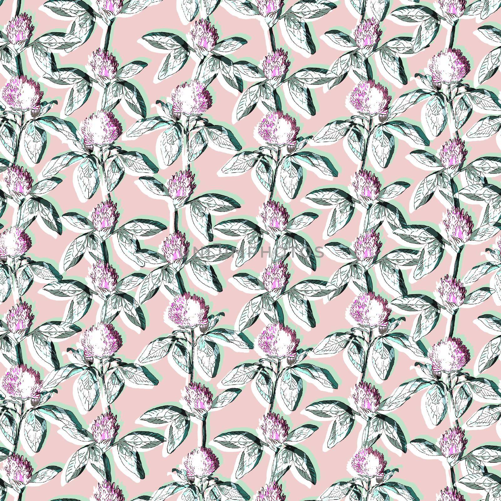 Clover leaf and flowers hand drawn seamless pattern graphic illustration.