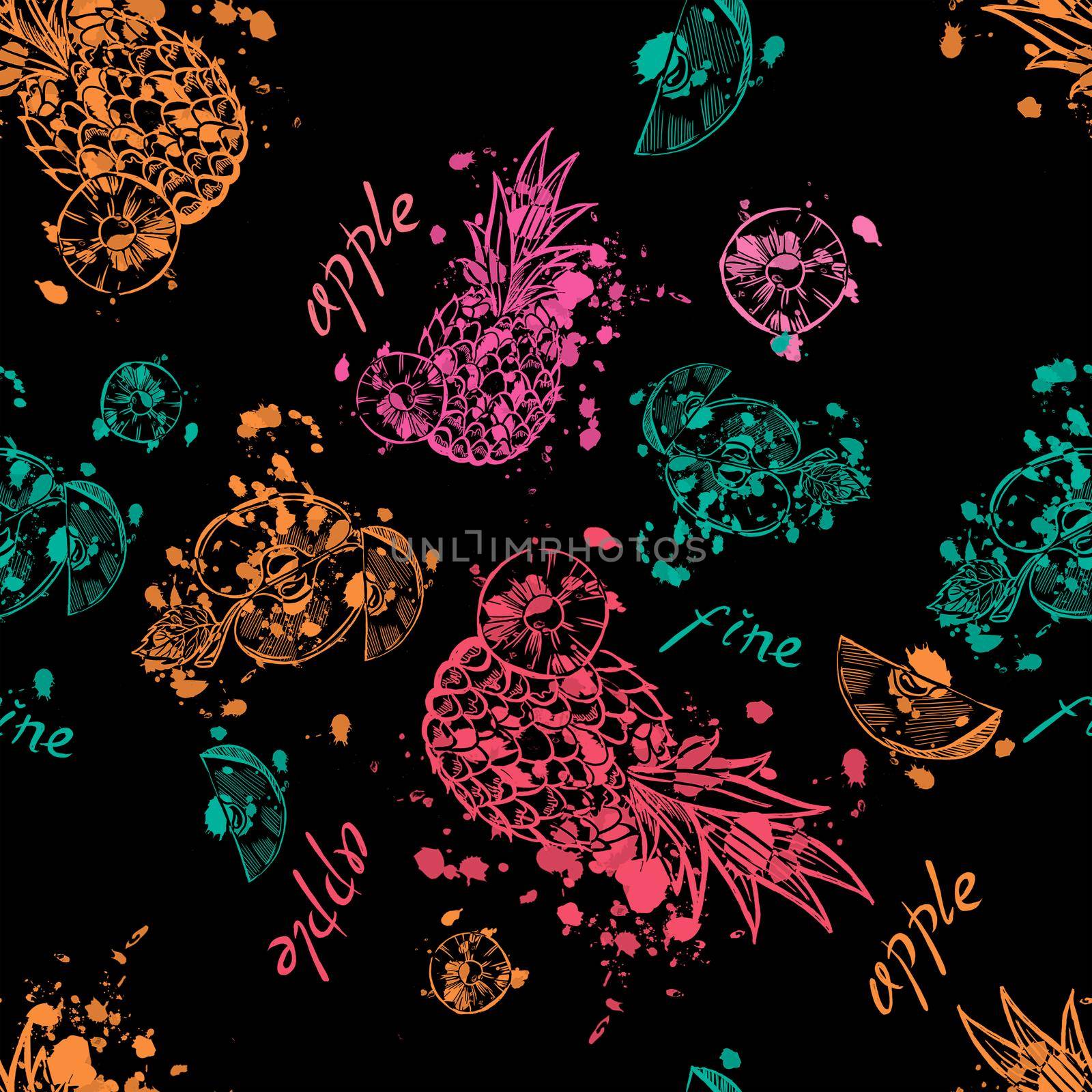 Bright and juicy seamless pattern with pineapples and apples on black background by fireFLYart