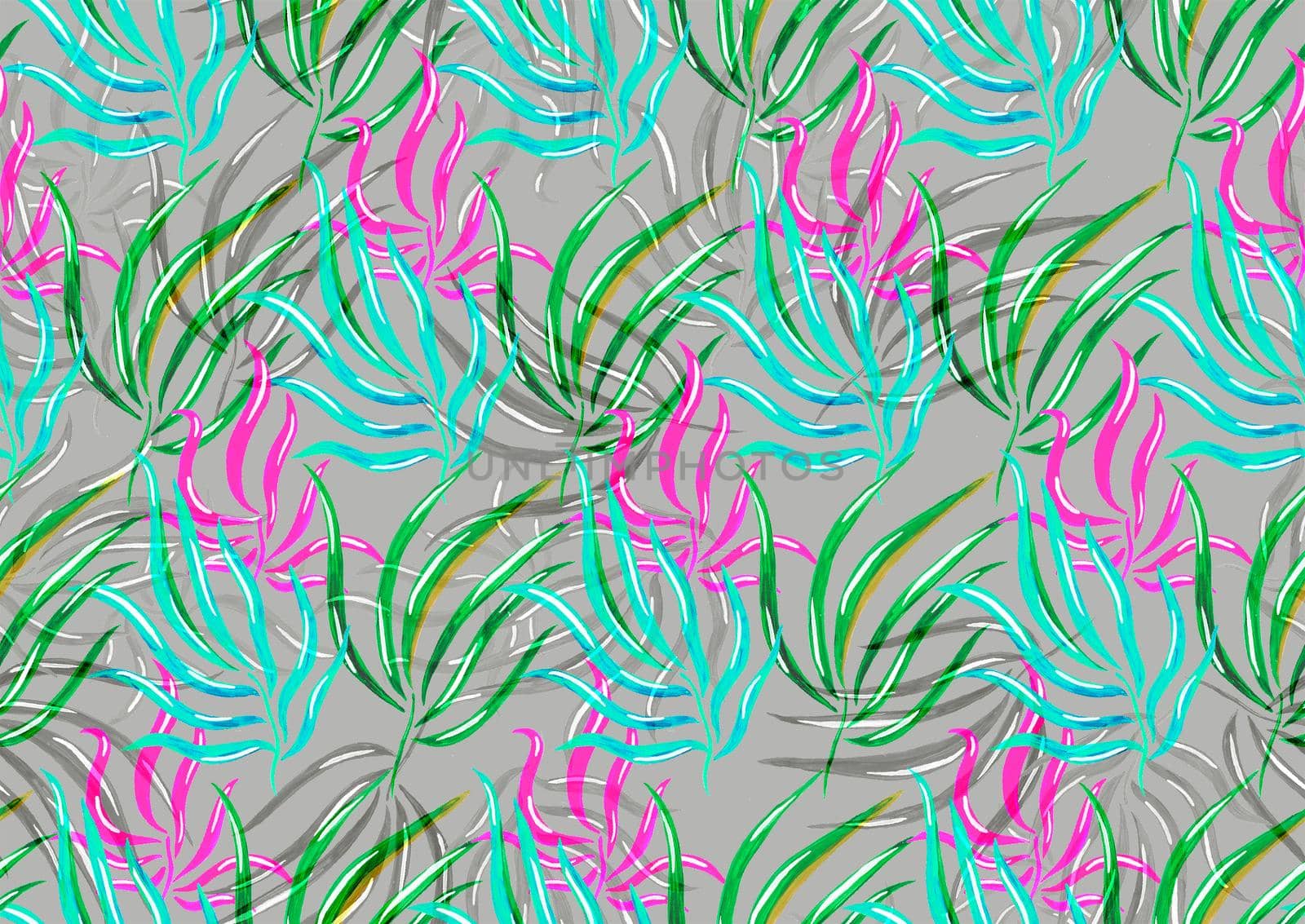 Seamless pattern with bright palm leaves on gray background by fireFLYart