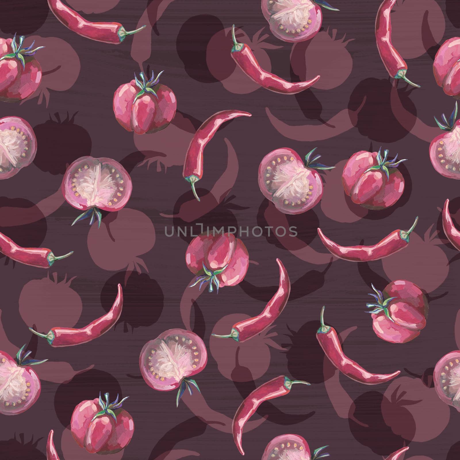 Seamless hand drawn pattern with tomatoes, slices, halves and cherry tomatoes. by fireFLYart