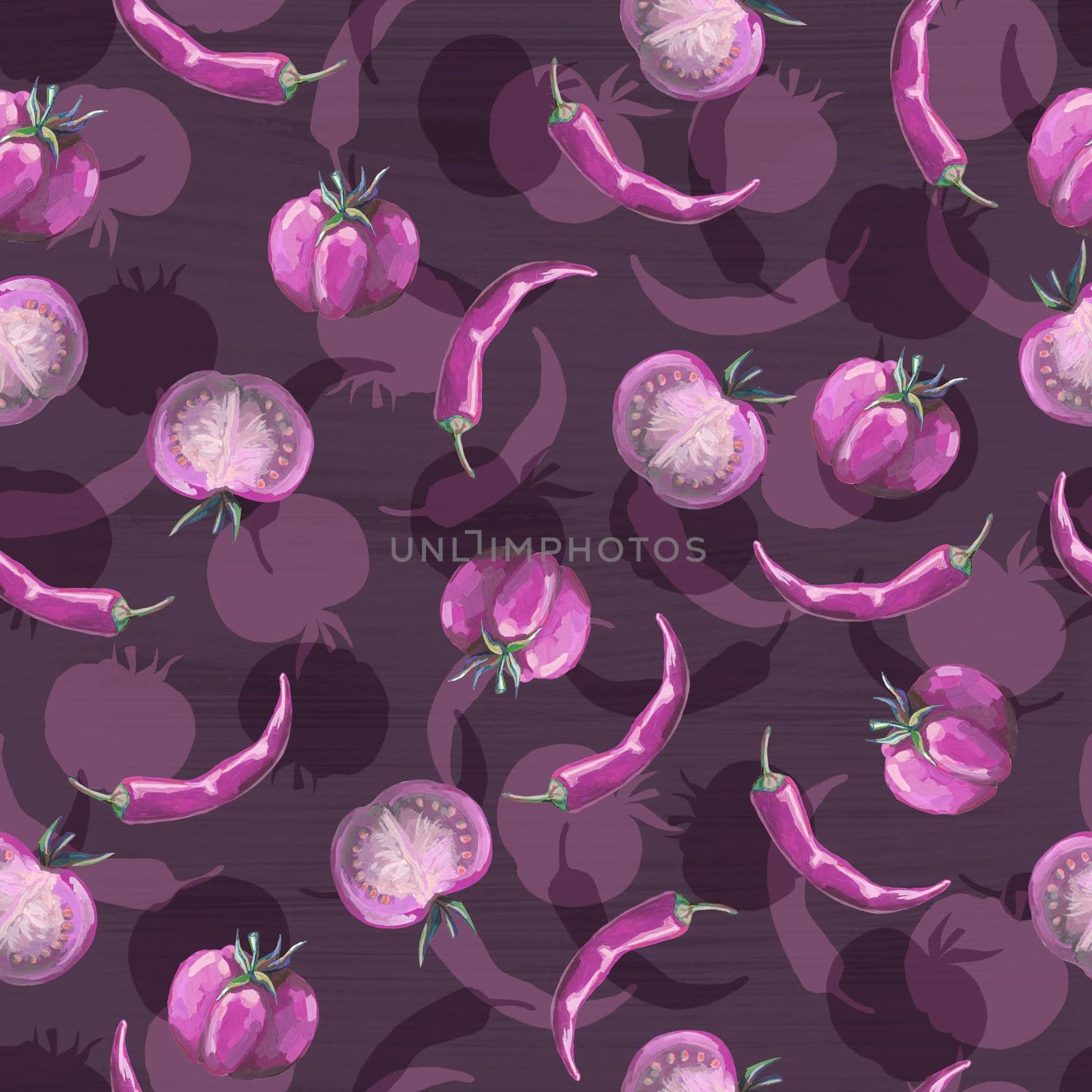 Seamless hand drawn pattern with tomatoes, slices, halves and cherry tomatoes. Natural background for textiles, banner, wrapping paper and other and designs. Hand drawn illustration