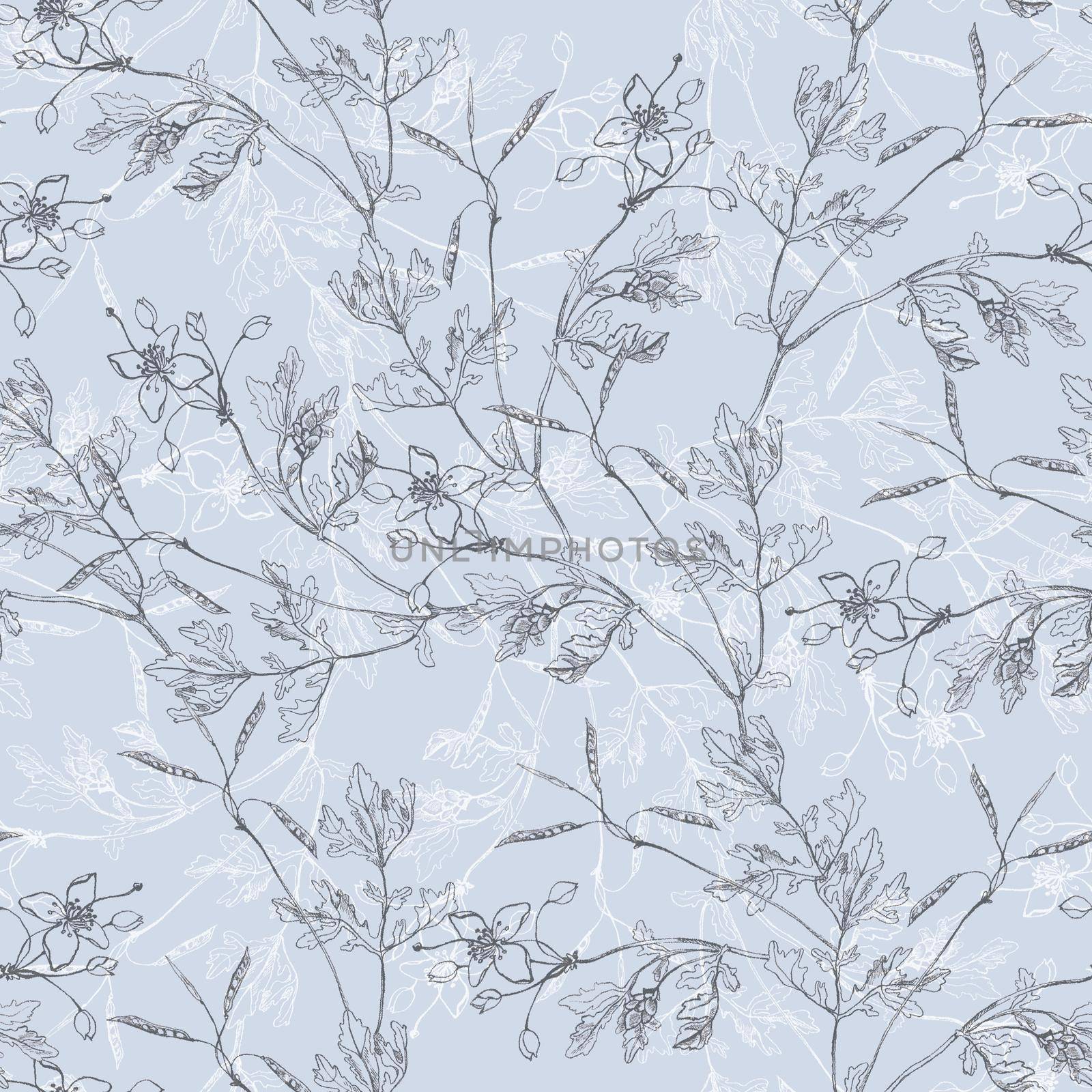 Celandine leaves hand drawn botanical seamless pattern on light blue by fireFLYart