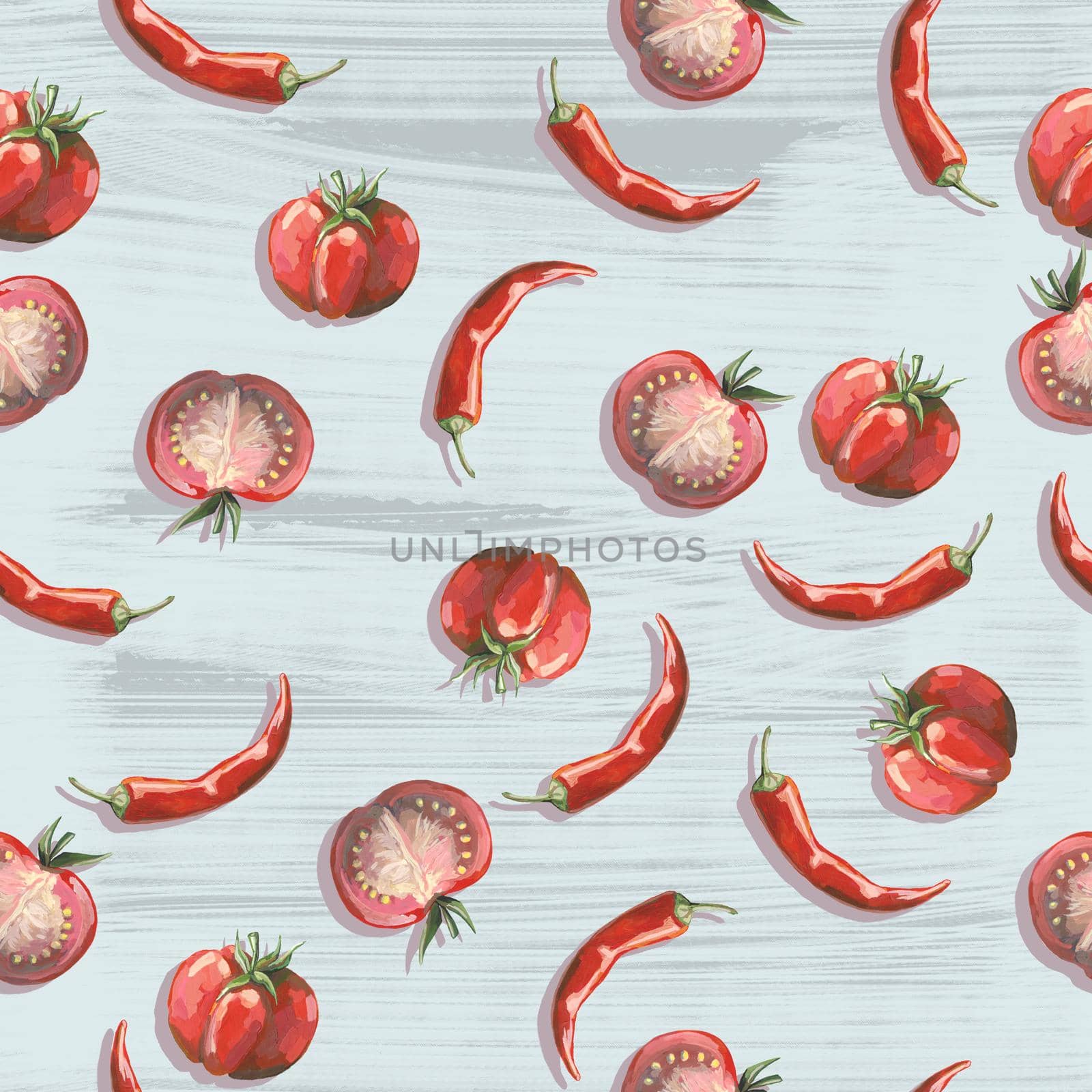 Seamless hand drawn pattern with tomatoes, slices, halves and cherry tomatoes. Natural background for textiles, banner, wrapping paper and other and designs. Hand drawn illustration