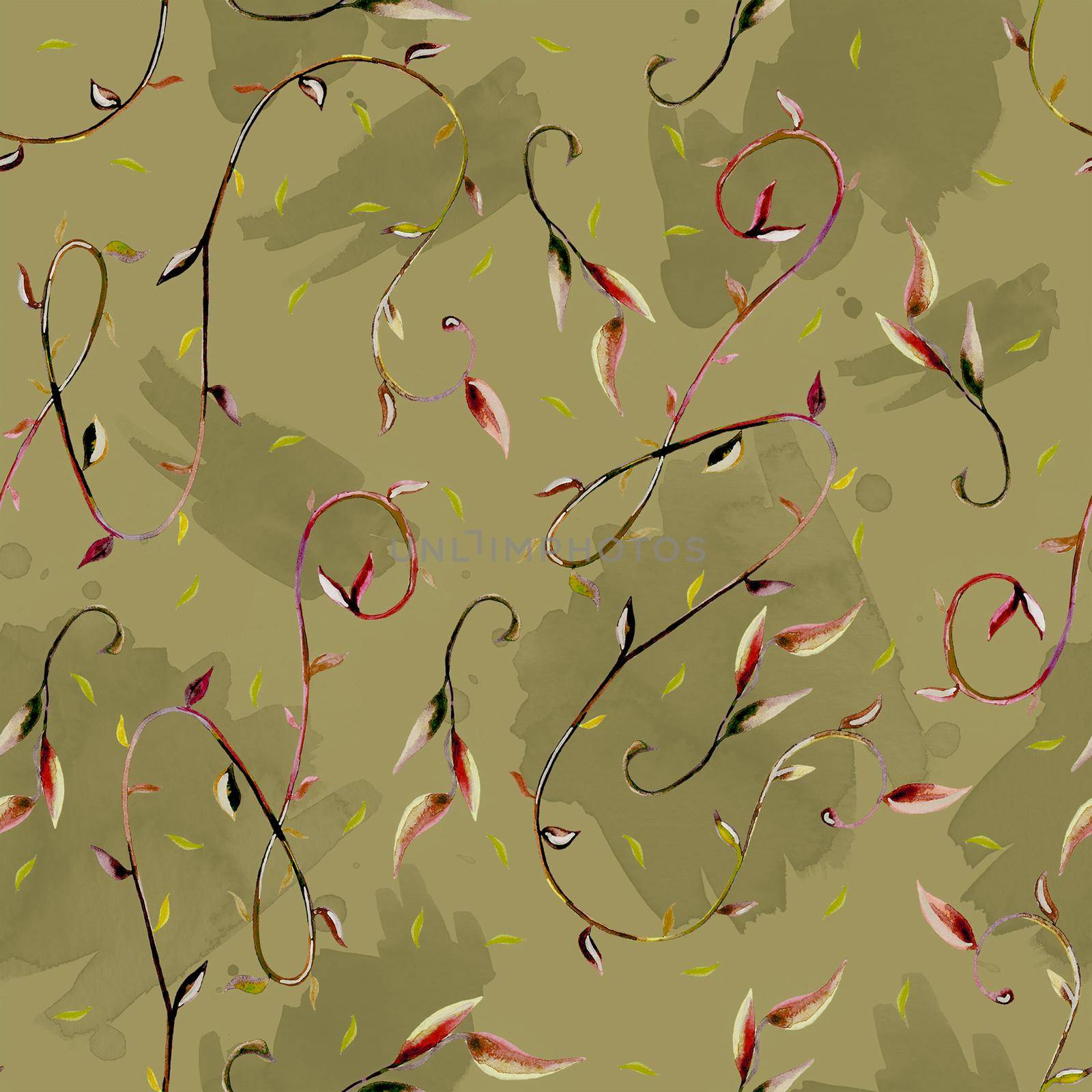 Abstract seamless pattern with watercolor twigs in splash background by fireFLYart