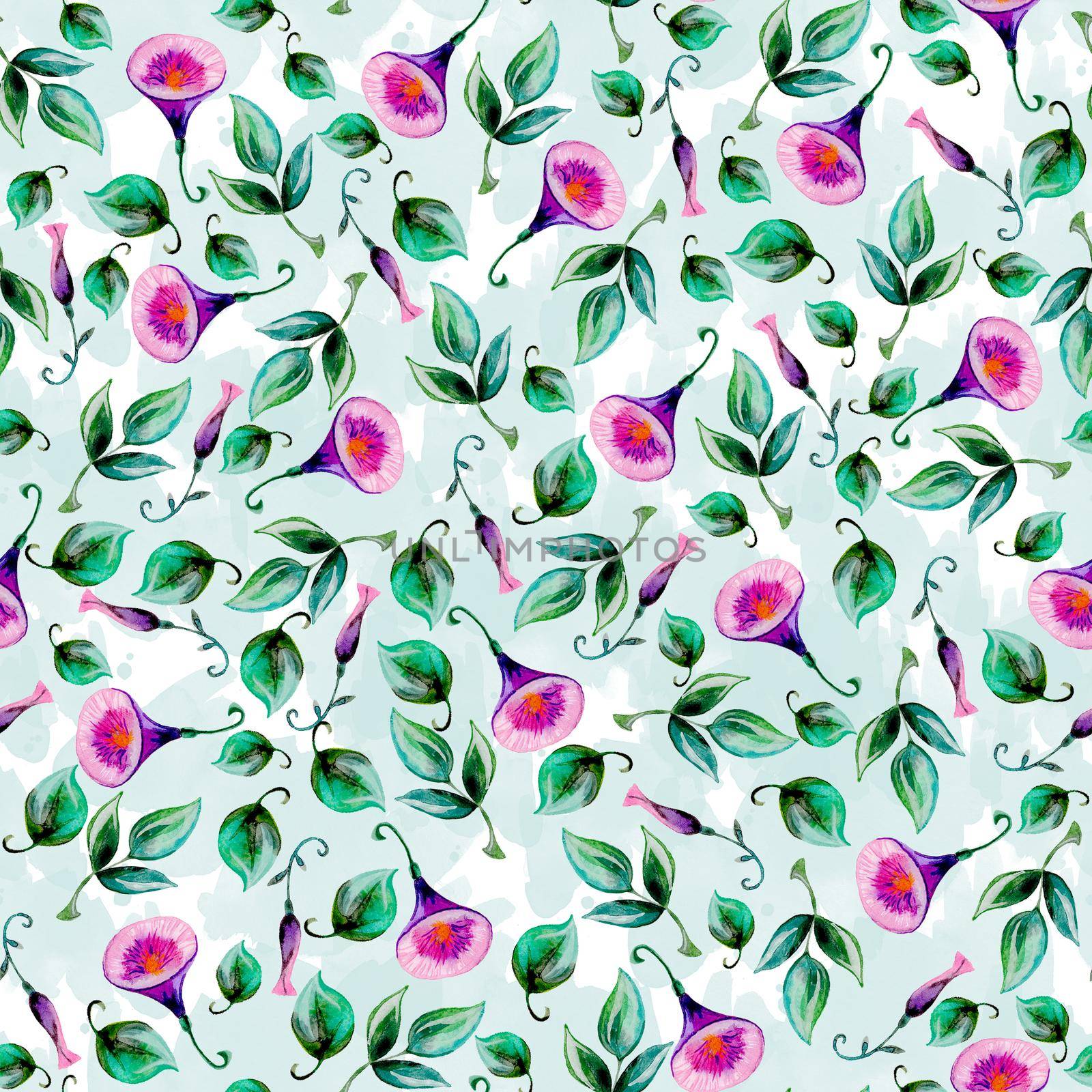 Bluebell flowers watercolor seamless pattern. Hand drawn green and pink background by fireFLYart