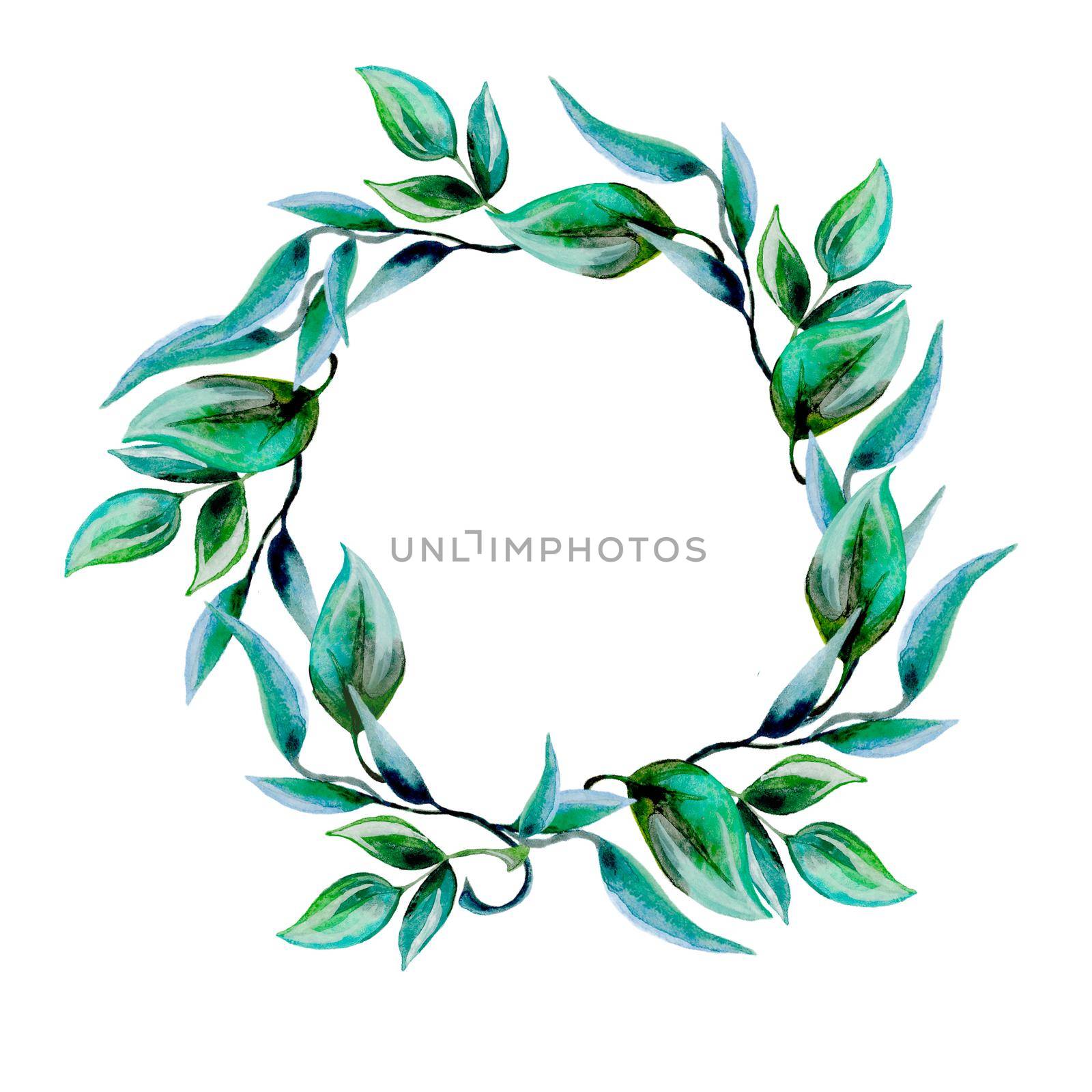 Round watercolor template with green leaves and circular place for text. Hand drawn illustration