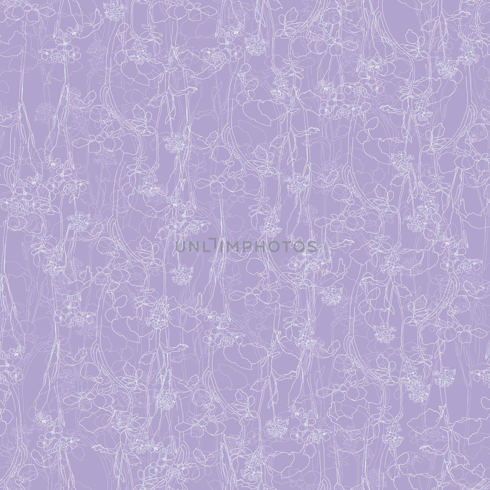 Floral hand drawn seamless pattern. White line flowers on violet background by fireFLYart