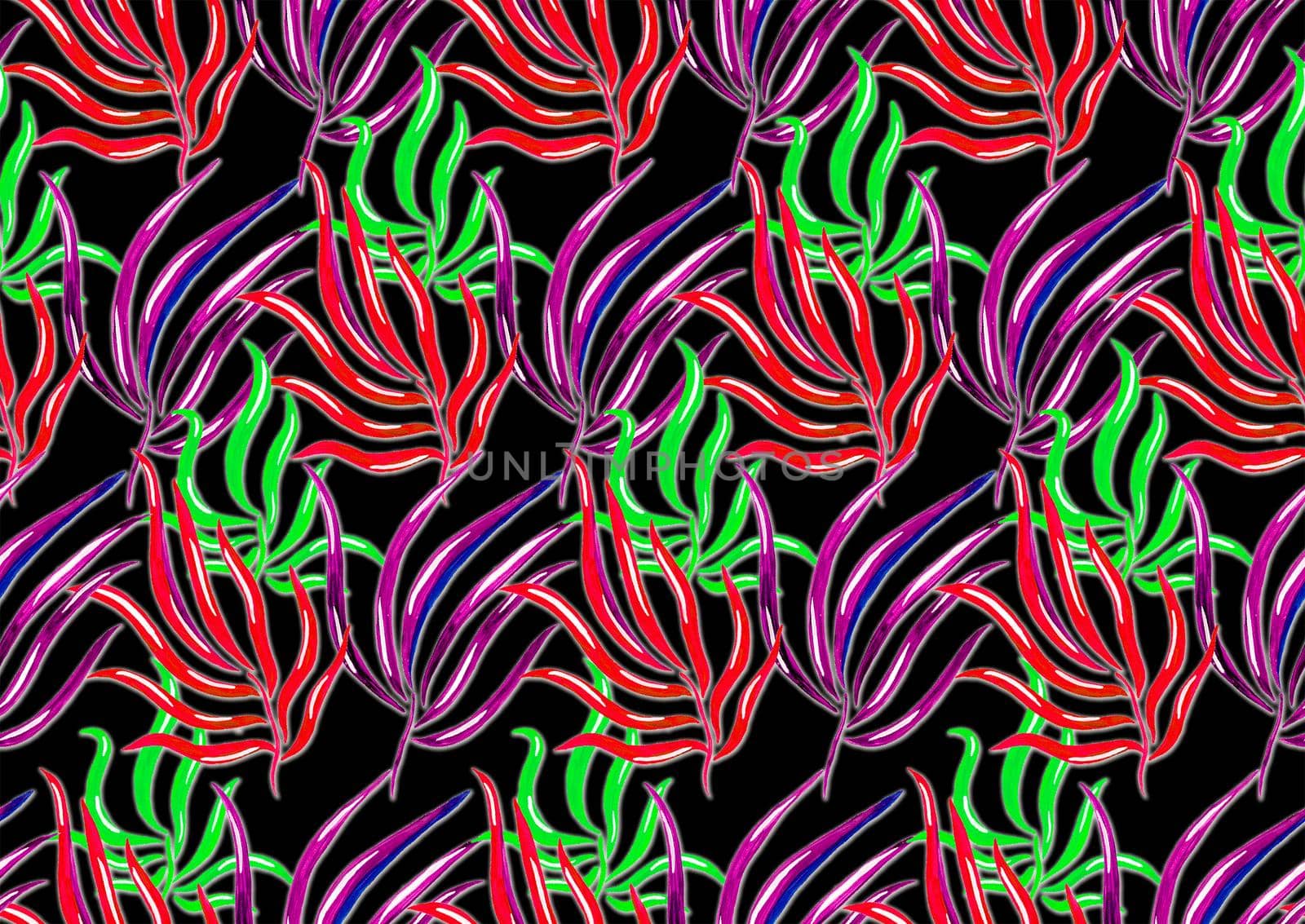 Seamless pattern with bright palm leaves on black by fireFLYart