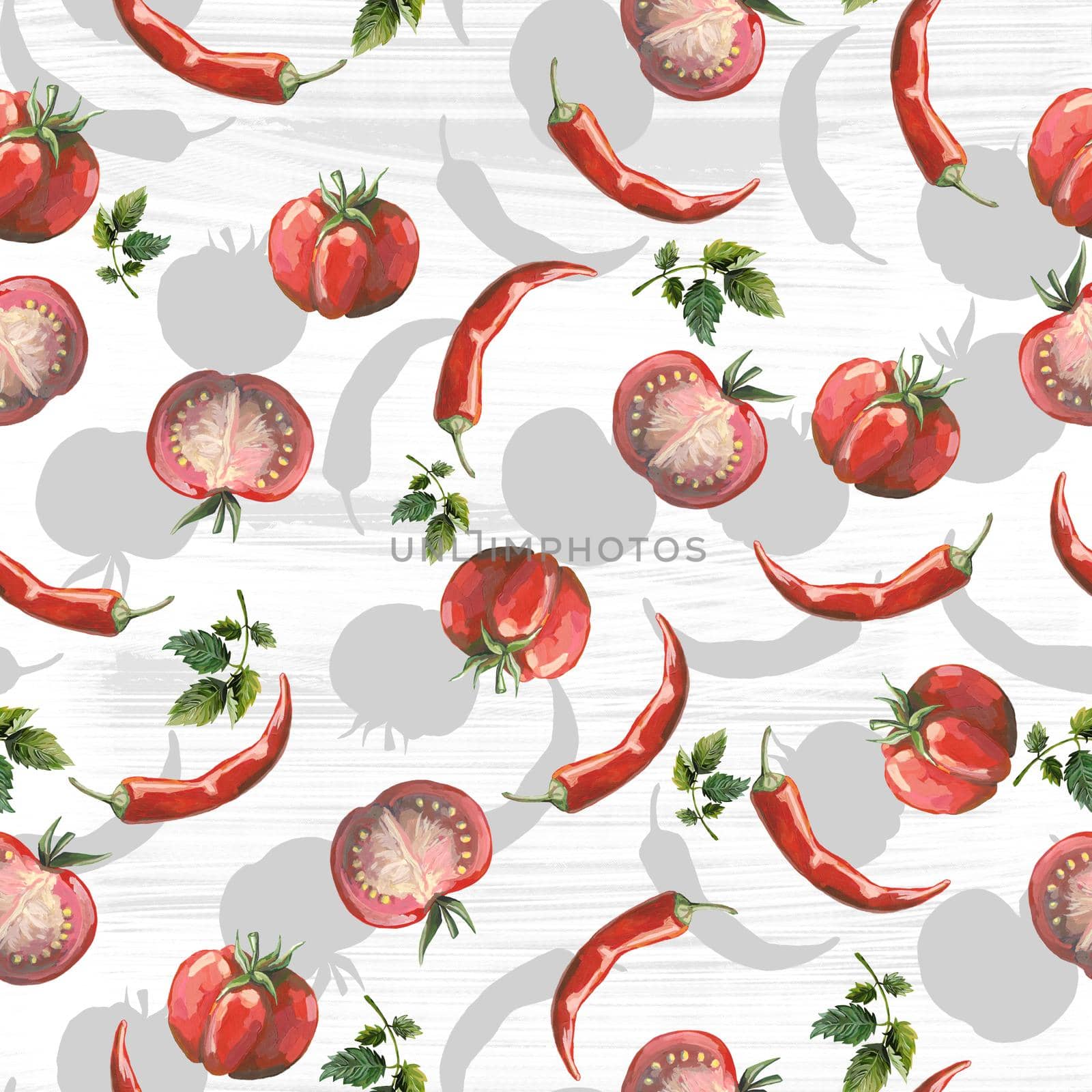 Seamless hand drawn pattern with tomatoes, slices, halves and cherry tomatoes. Natural background for textiles, banner, wrapping paper and other and designs. Hand drawn illustration