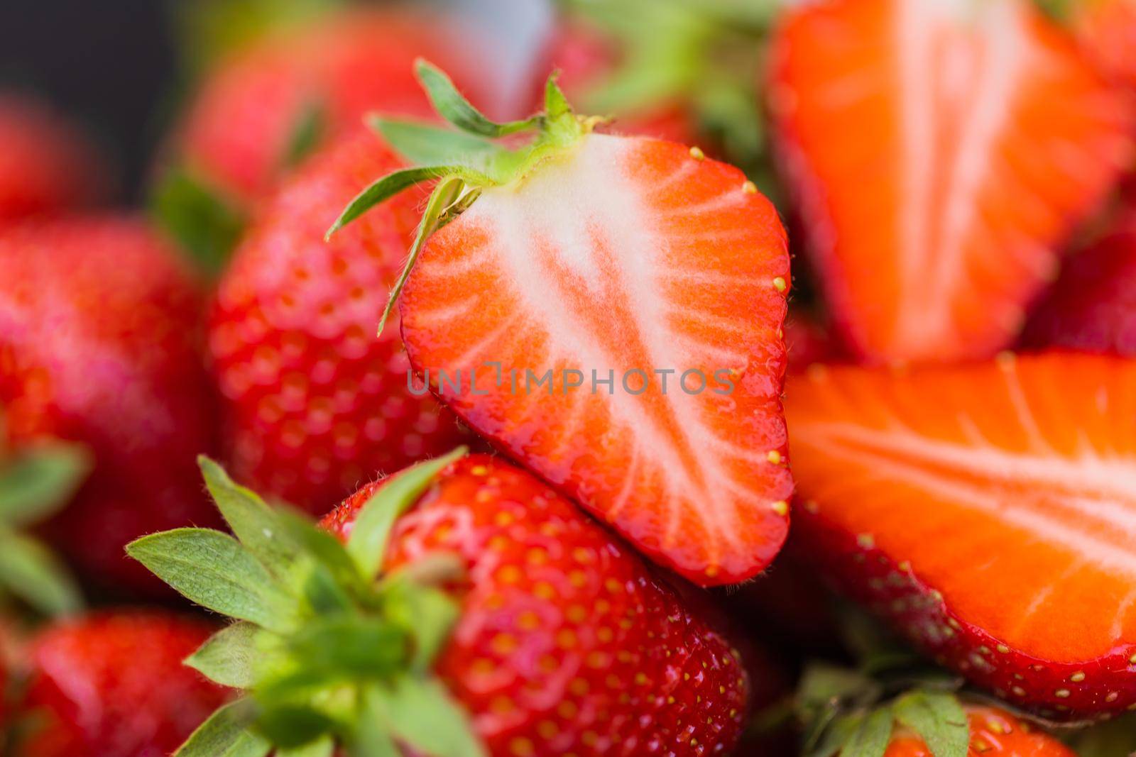 Strawberry fresh organic berries macro. Fruit background - healthy vitamin food concept by Satura86