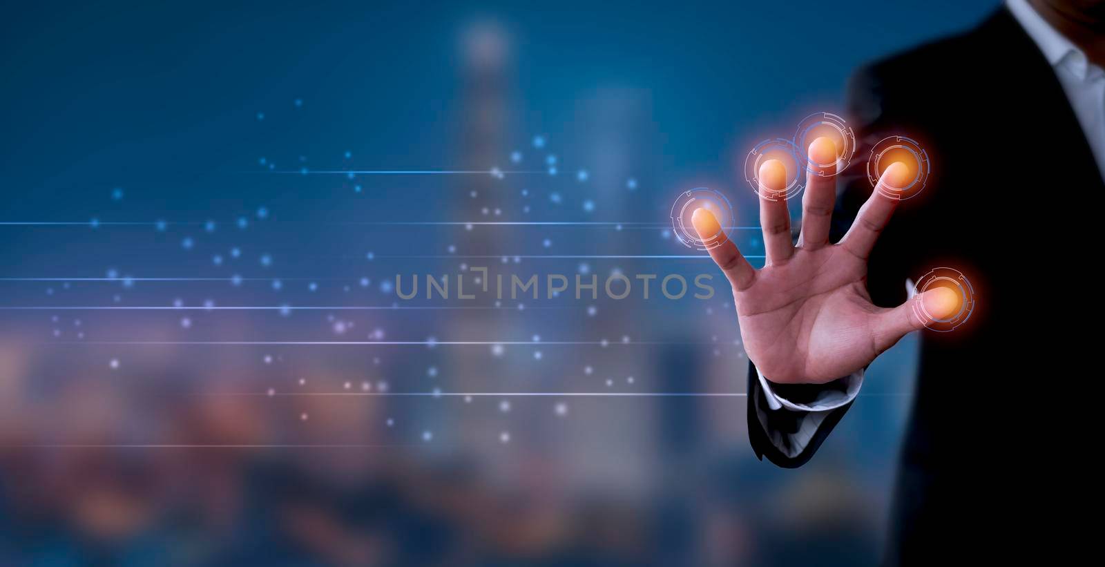 Businessman hand using fingerprint identification to access personal financial data, Fingerprint scan provides security access with biometrics identification. Business technology concept