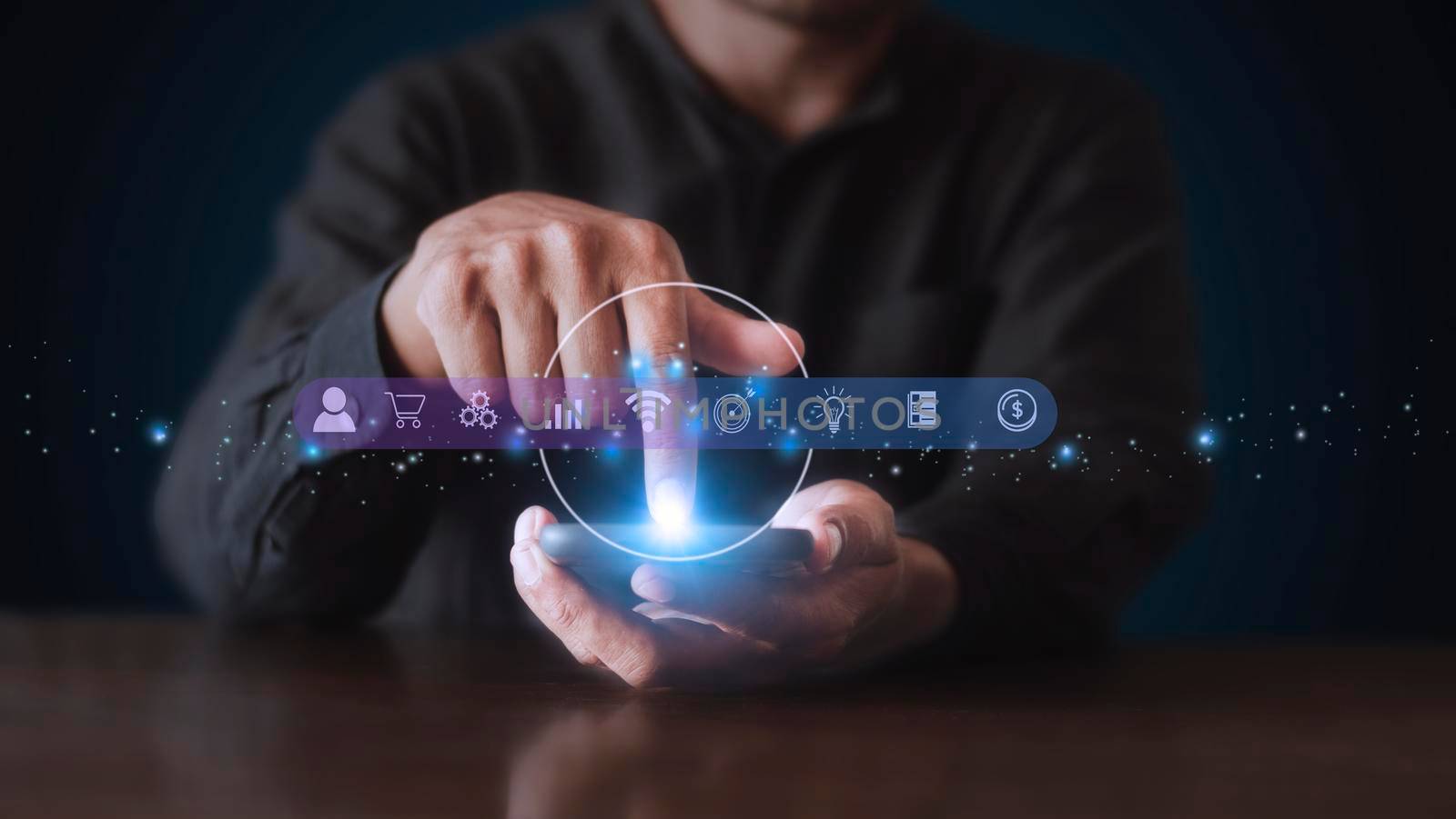 Businessman using phone and touching on virtual screen contact icons. Contact us, Customer support hotline people connect. Man hands touch smartphone virtual screen connect to social network